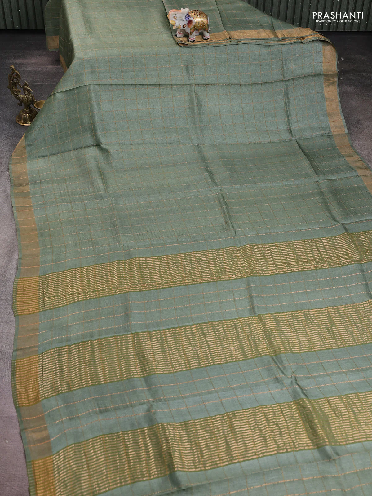Pure tussar silk saree pastel green and black with allover zari woven checked pattern and zari woven border - Image 2