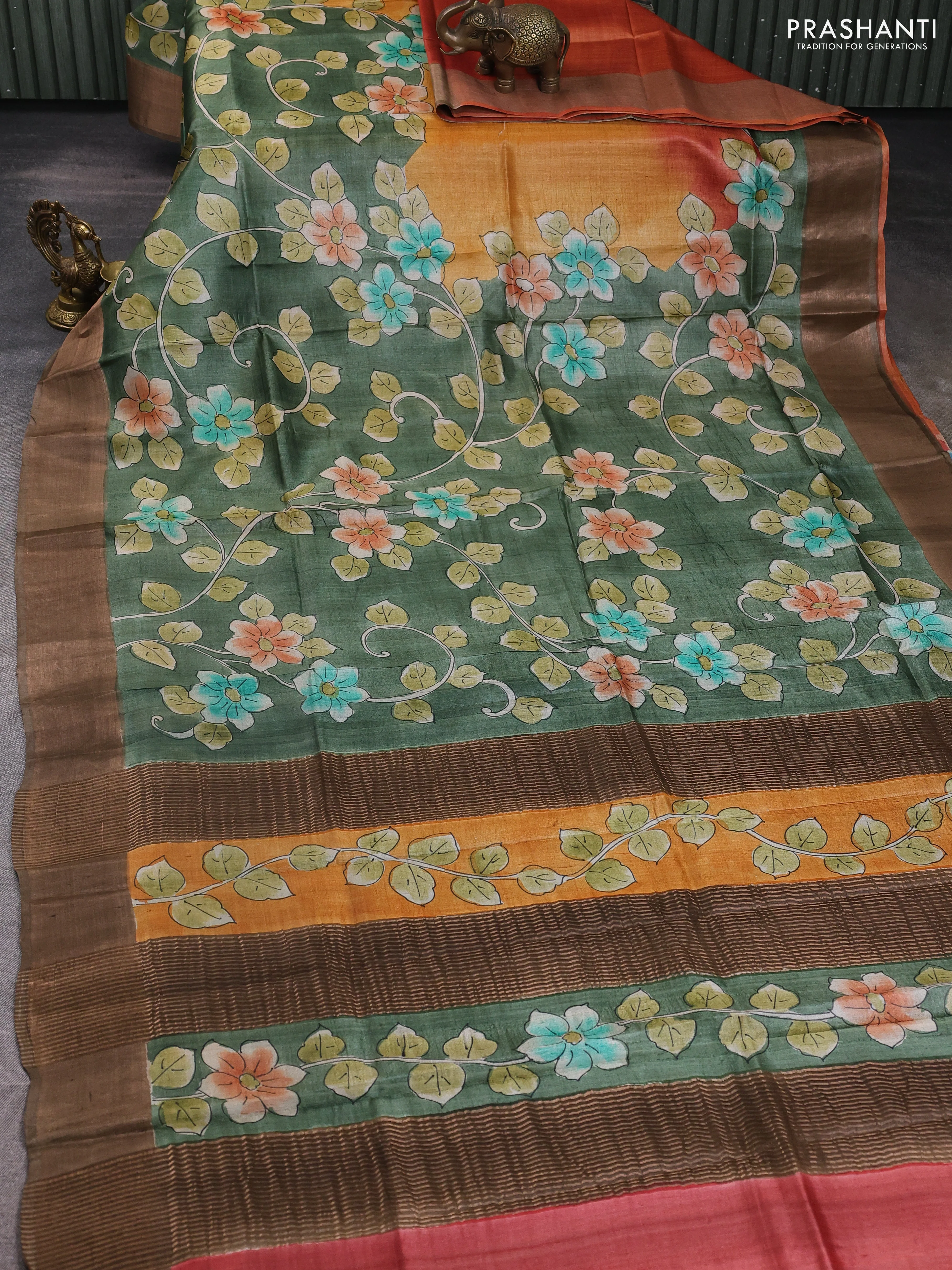 Pure tussar silk saree pastel green and brown with allover hand painted prints and zari woven border - Image 2