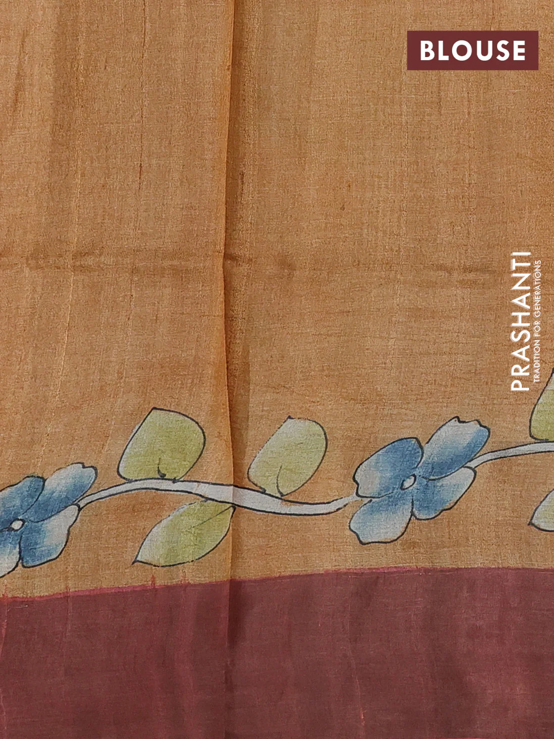 Pure tussar silk saree pastel green and dark sandal with allover kalamkari hand painted prints and zari woven border - Image 3