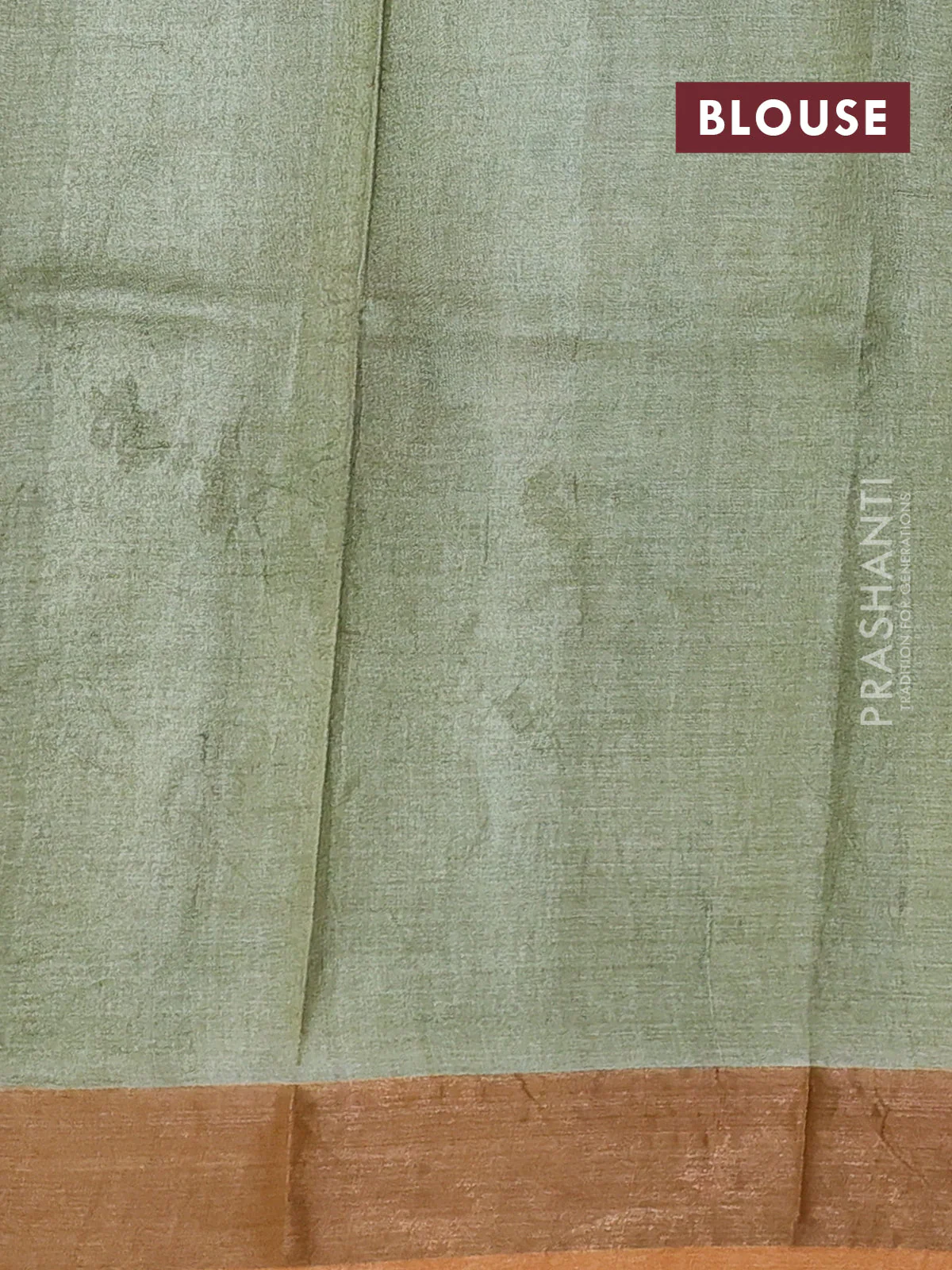 Pure tussar silk saree pastel green and orange with allover hand painted prints and zari woven border - Image 3