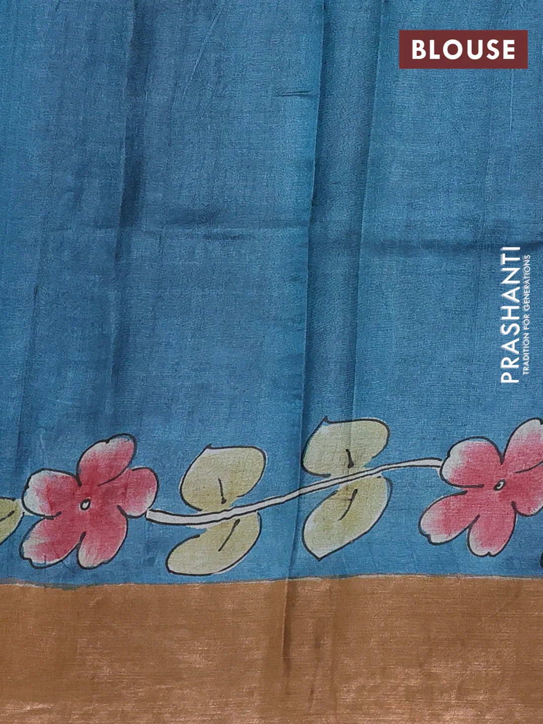 Pure tussar silk saree pastel green and peach shade with allover hand painted prints and zari woven border - Image 3