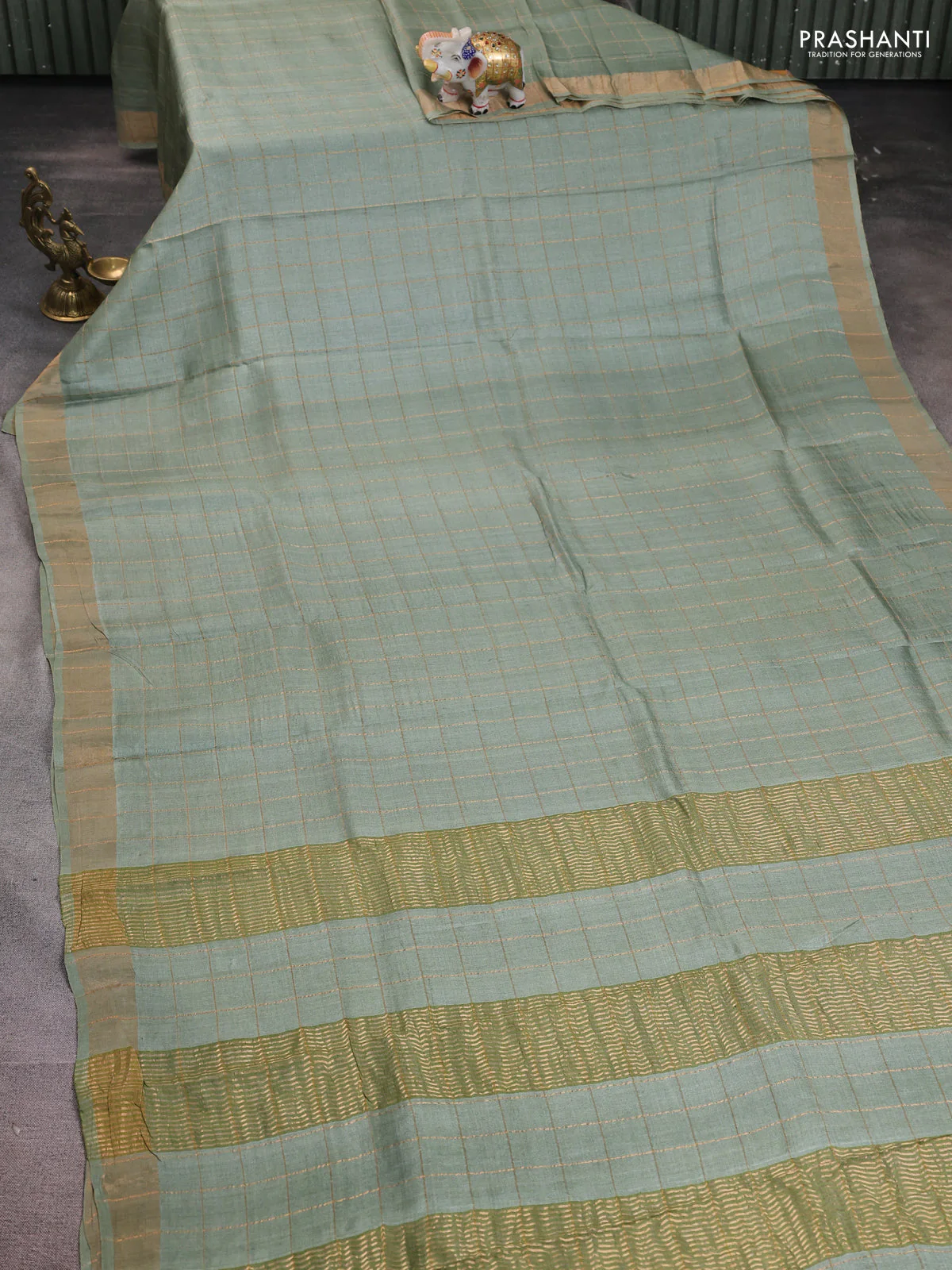 Pure tussar silk saree pastel green and purple shade with allover zari woven checked pattern and zari woven border - Image 2