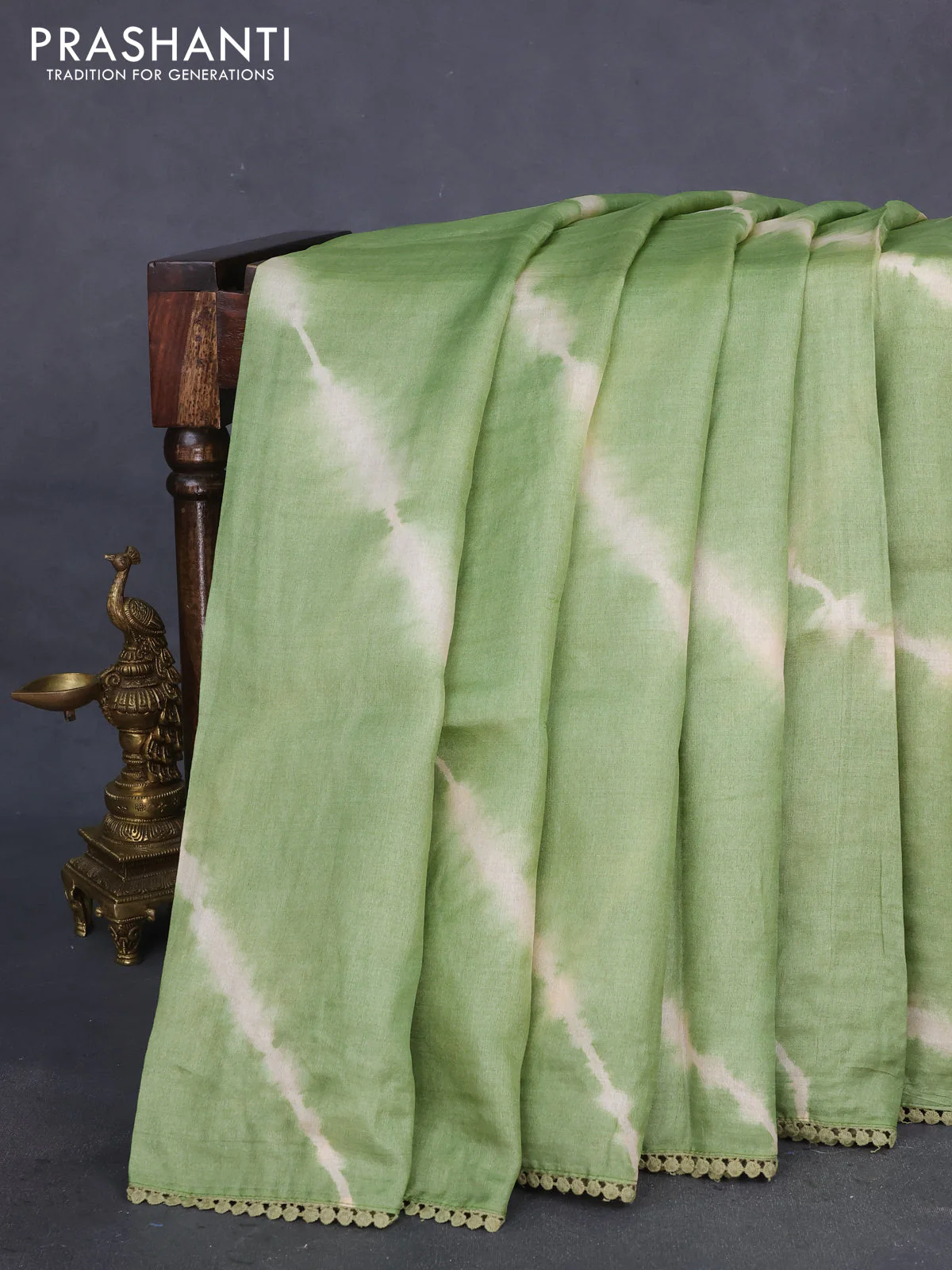 Pure tussar silk saree pastel green and rust shade with allover tie & dye prints and kalamkari prints & cut work pallu - Image 2