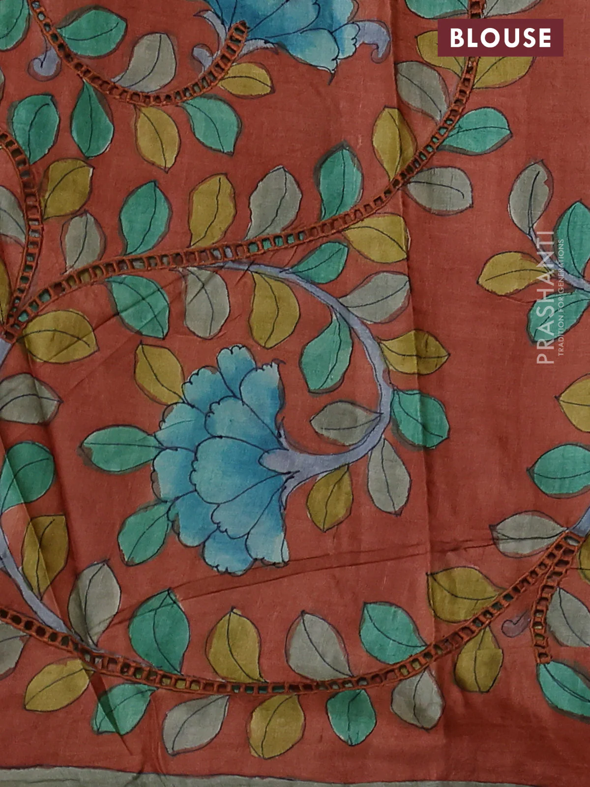 Pure tussar silk saree pastel green and rust shade with allover tie & dye prints and kalamkari prints & cut work pallu - Image 3