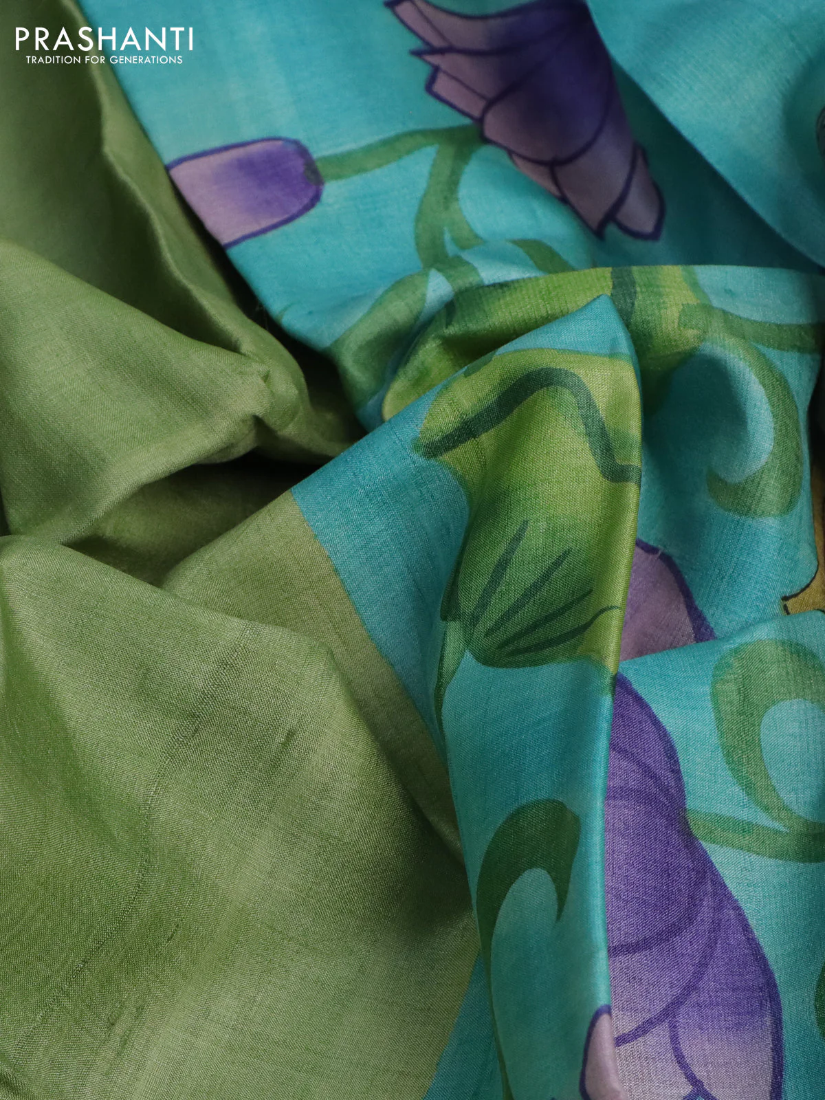 Pure tussar silk saree pastel green and teal blue with plain body and pichwai hand painted pallu & border - Image 2