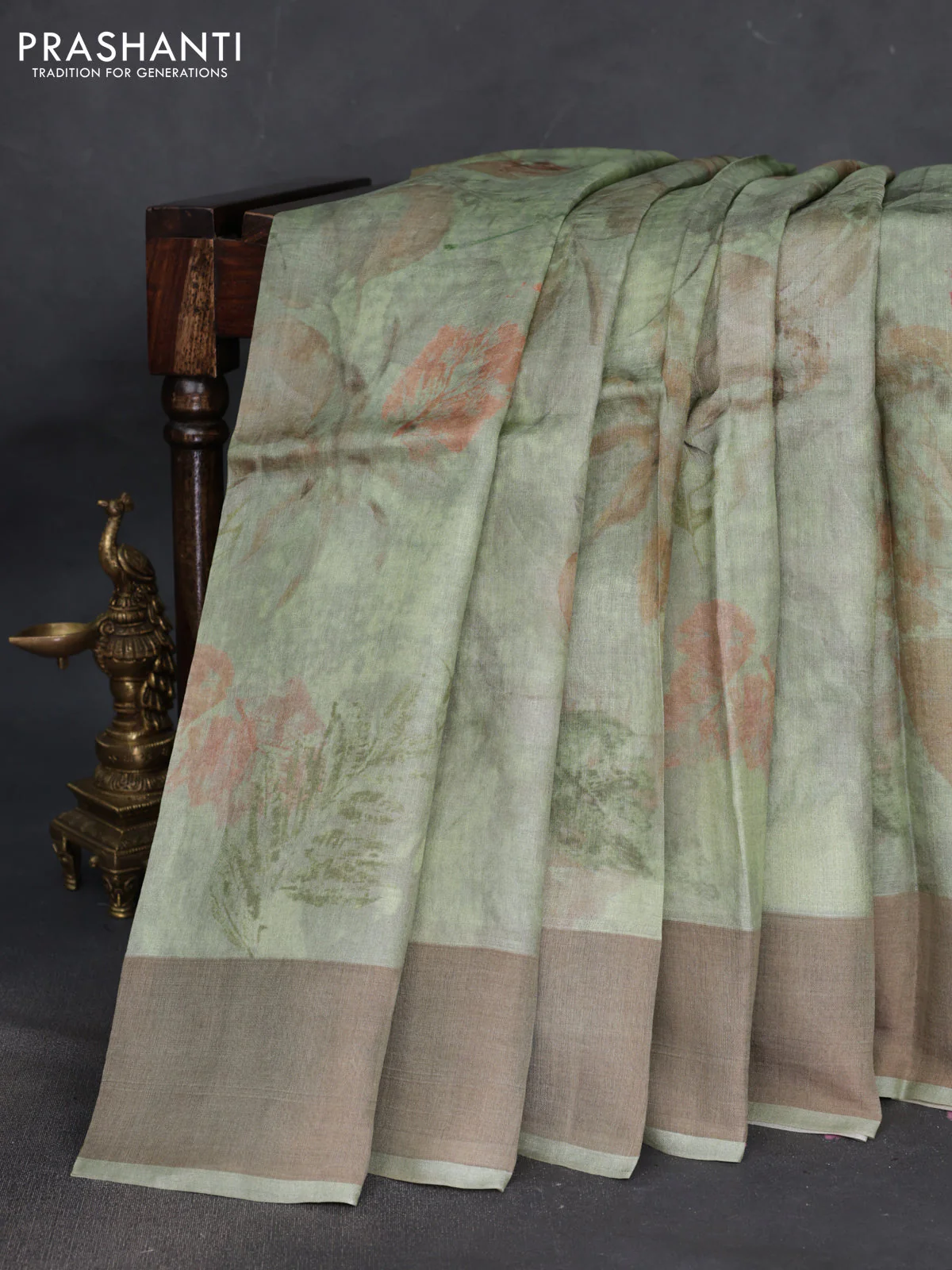 Pure tussar silk saree pastel green with allover digital prints and zari woven border - Image 2