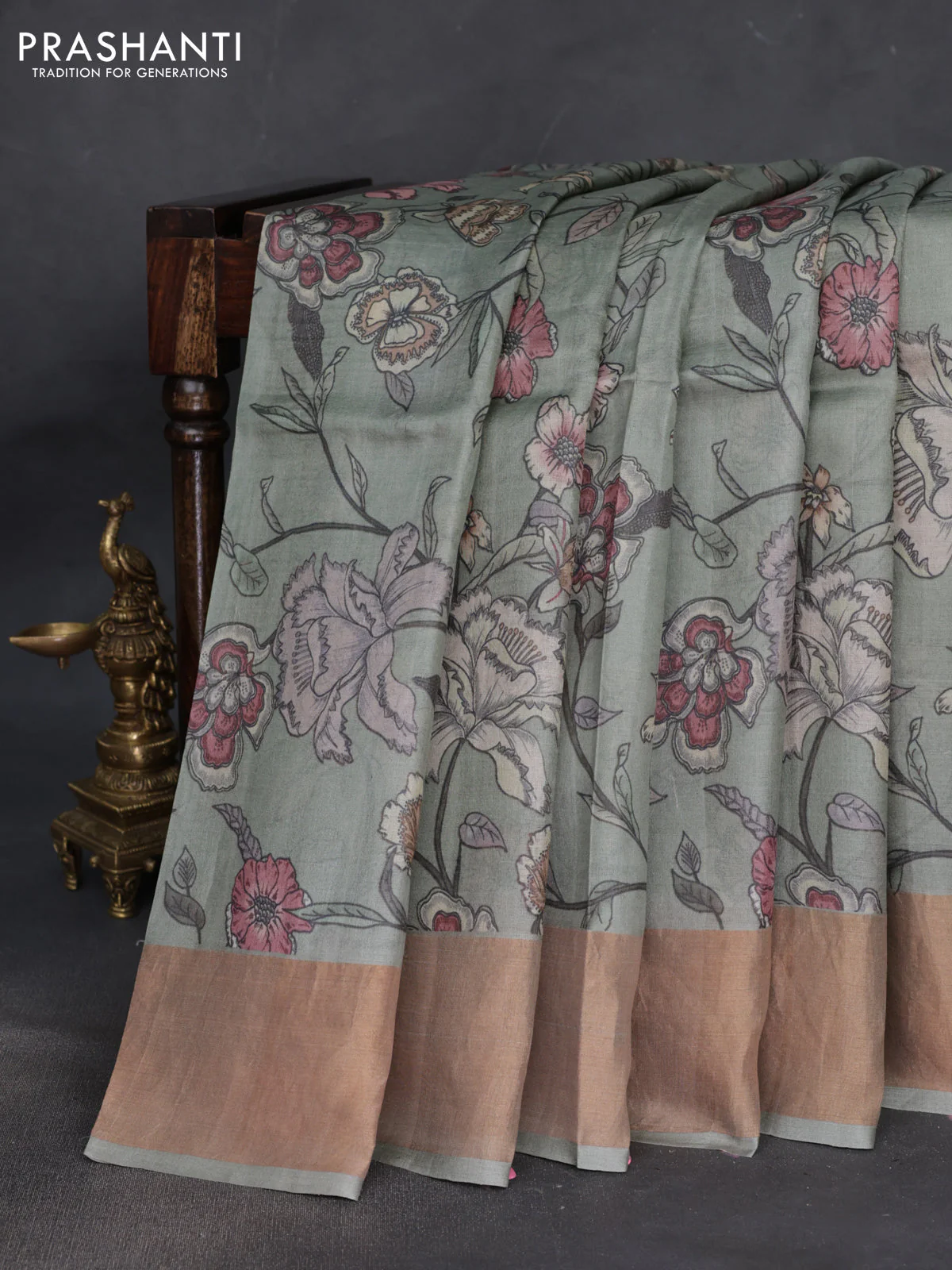 Pure tussar silk saree pastel green with allover floral digital prints and zari woven border - Image 2
