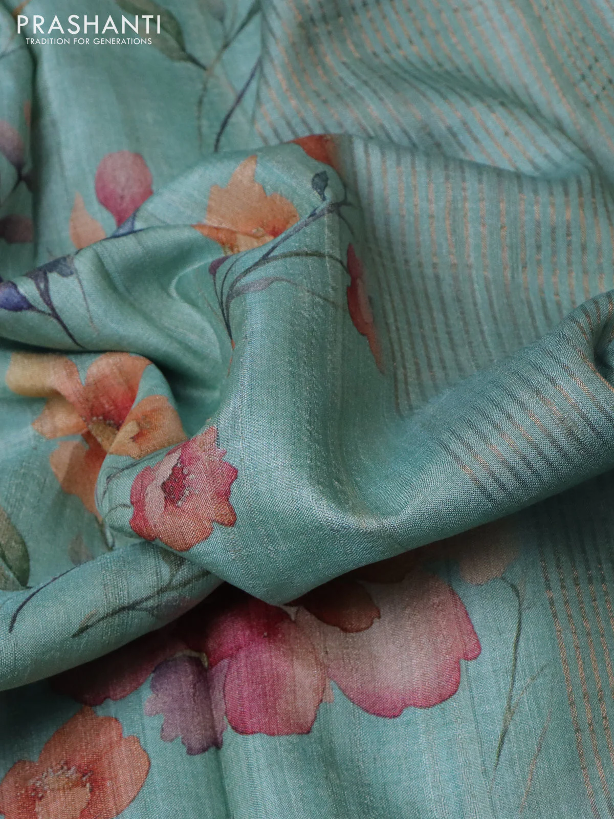 Pure tussar silk saree pastel green with allover floral digital prints and zari woven border - Image 2