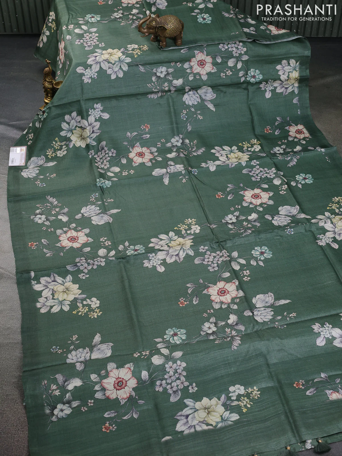 Pure tussar silk saree pastel green with allover floral digital prints in borderless style - Image 2