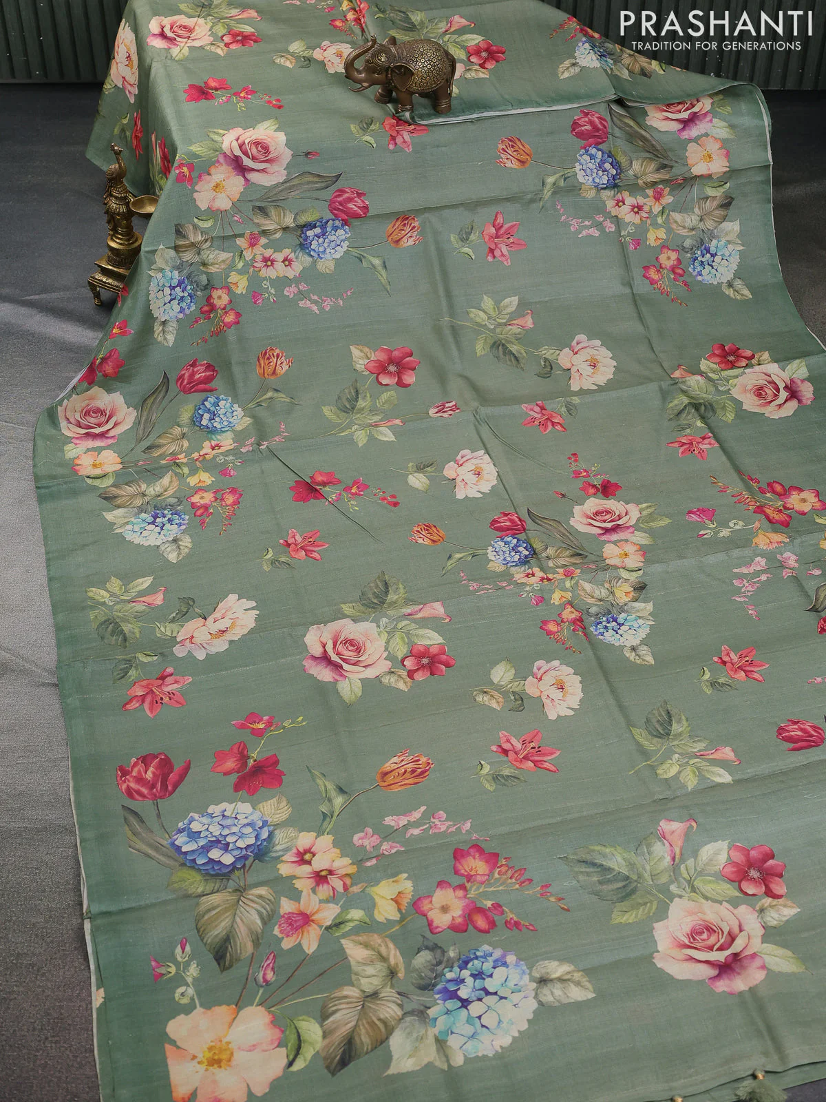Pure tussar silk saree pastel green with allover floral digital prints in borderless style - Image 2