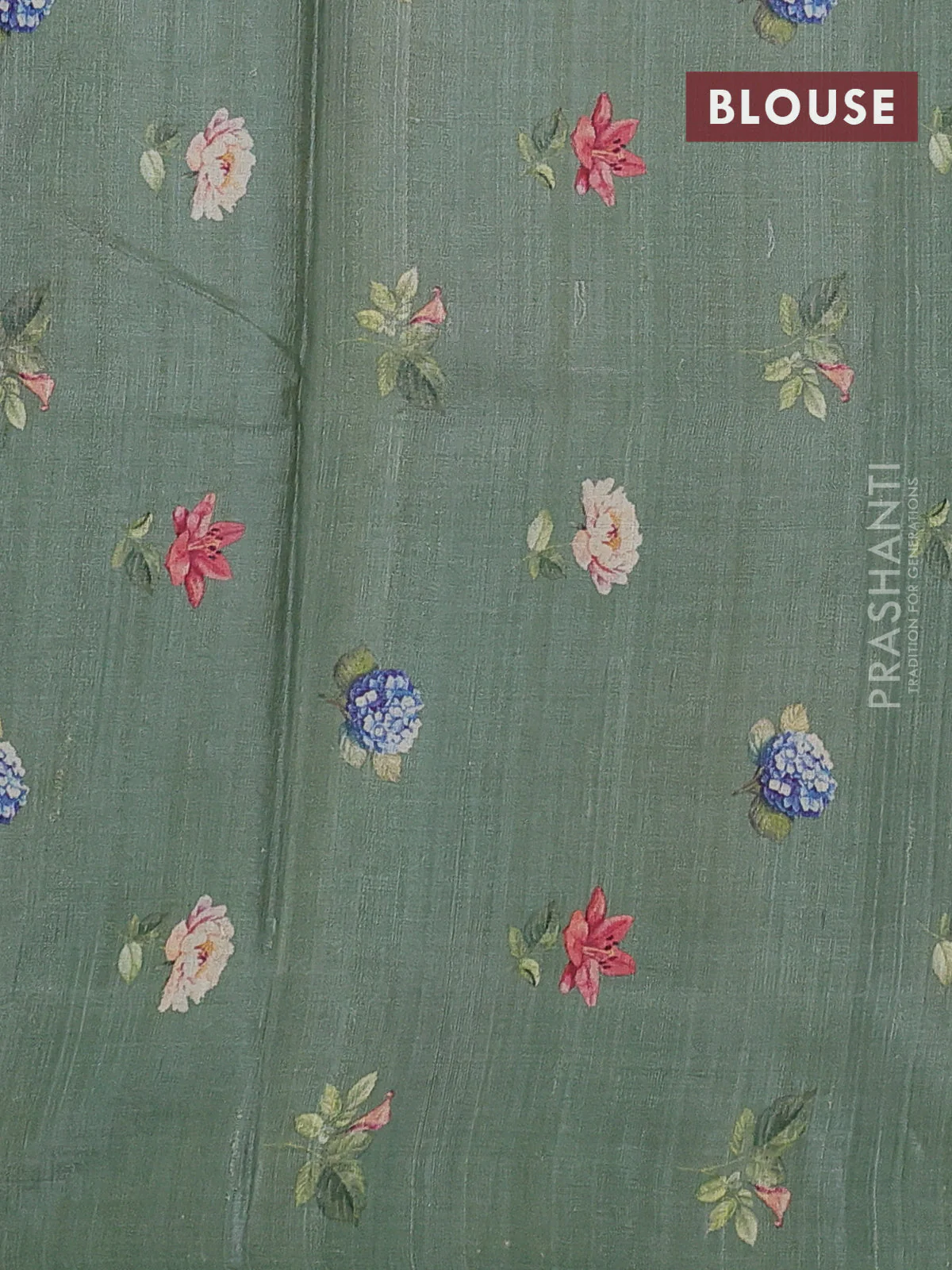 Pure tussar silk saree pastel green with allover floral digital prints in borderless style - Image 3