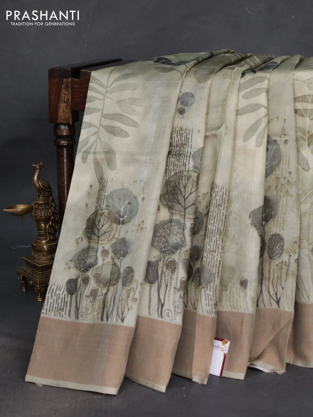 Pure tussar silk saree pastel green with digital prints and zari woven border - Image 2