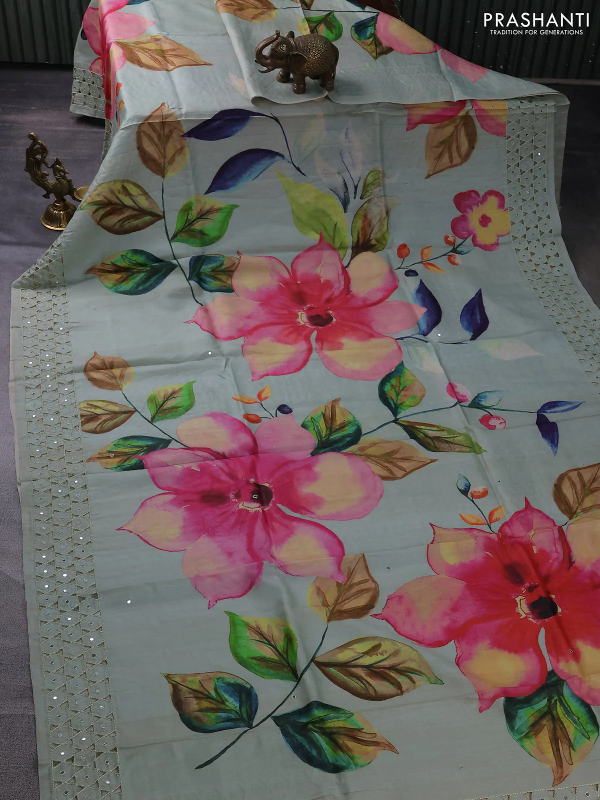 Pure tussar silk saree pastel green with floral digital prints and cut work border - Image 2