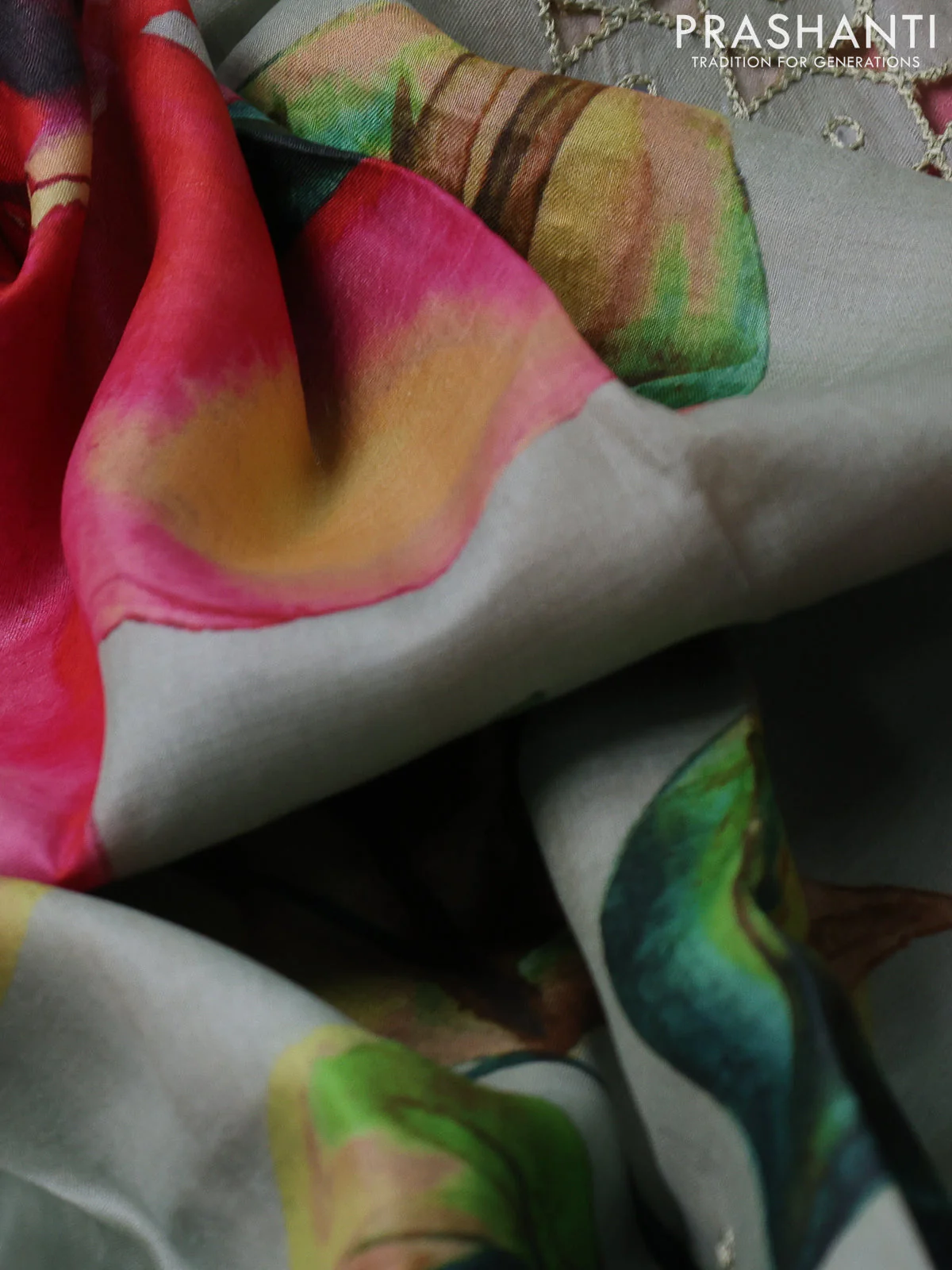 Pure tussar silk saree pastel green with floral digital prints and cut work border - Image 3