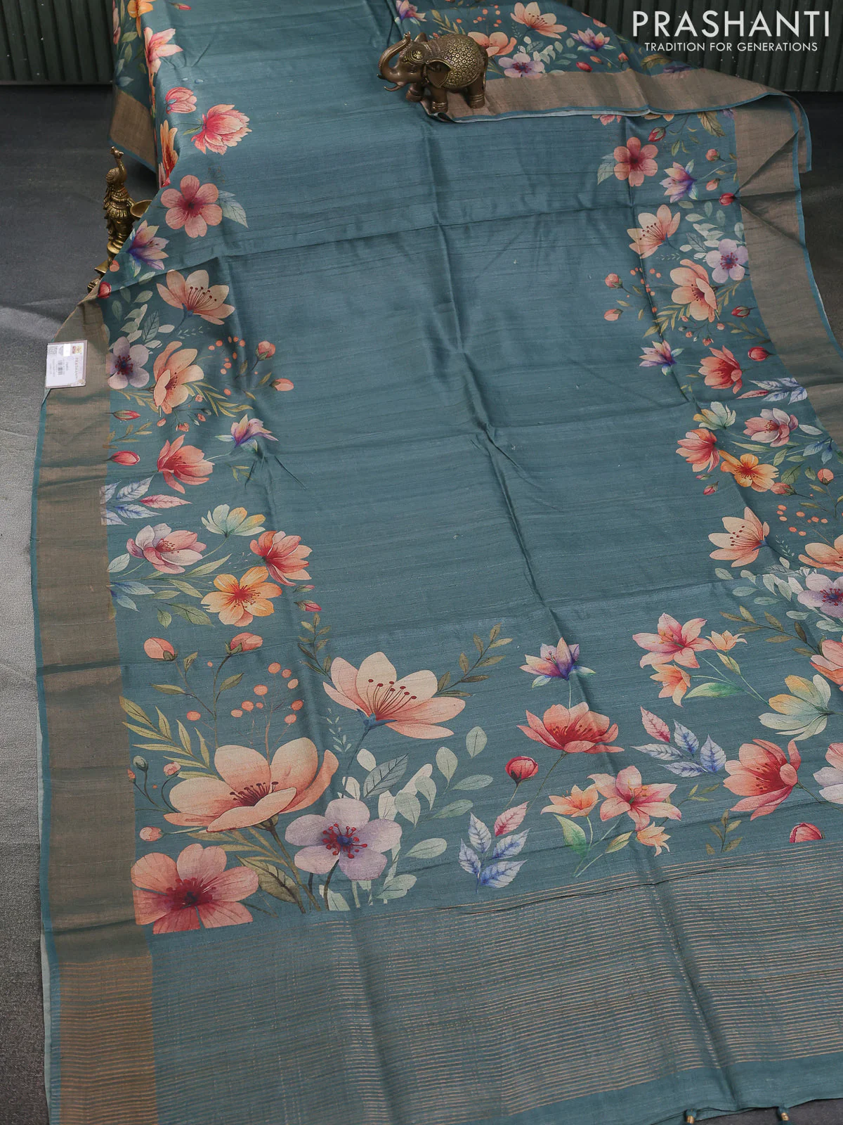 Pure tussar silk saree pastel green with floral digital prints and zari woven border - Image 2