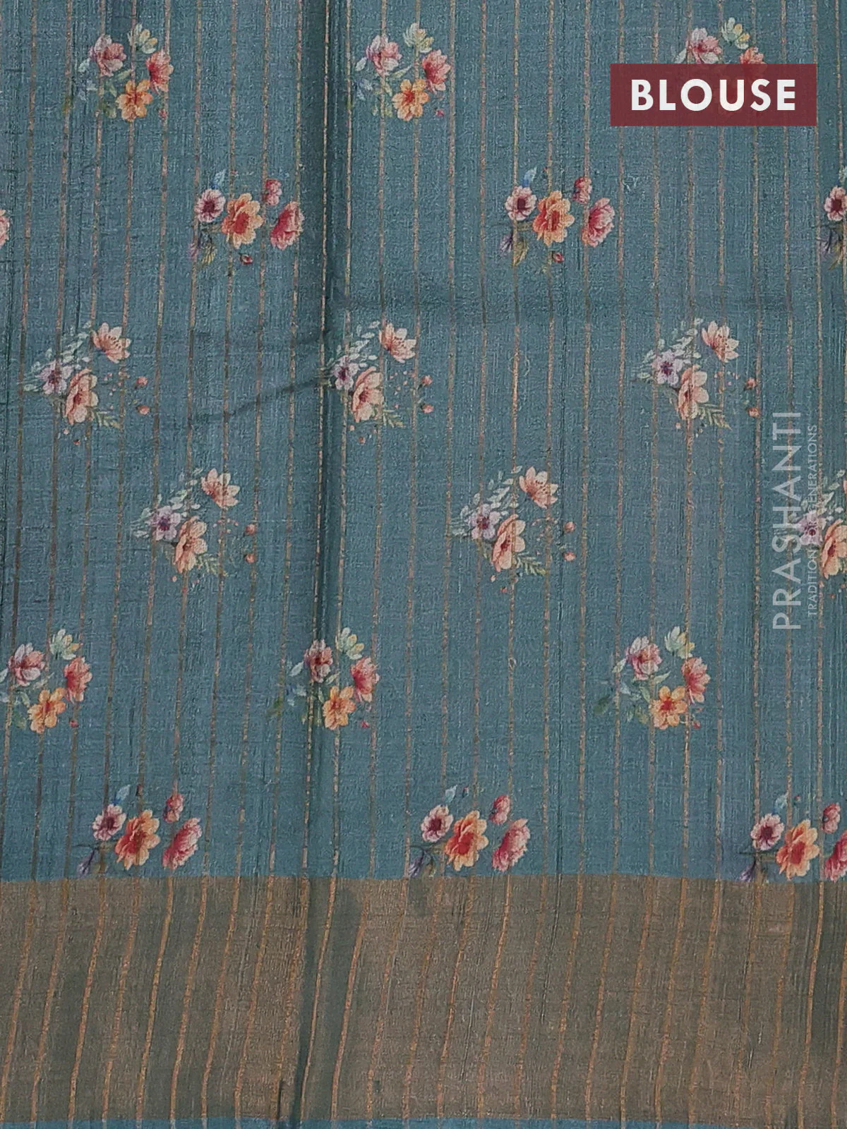 Pure tussar silk saree pastel green with floral digital prints and zari woven border - Image 3