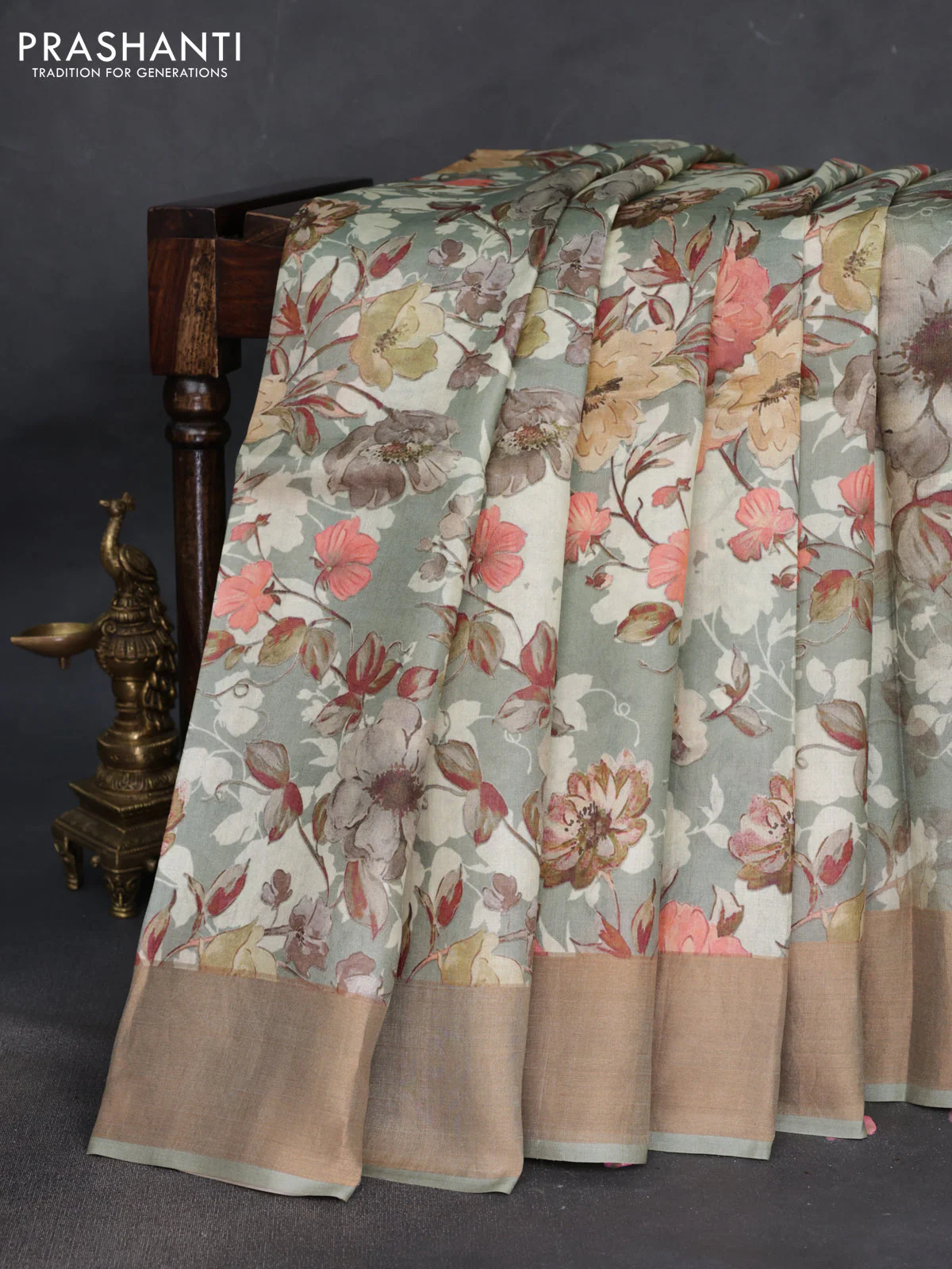 Pure tussar silk saree pastel green with floral digital prints and zari woven border - Image 2