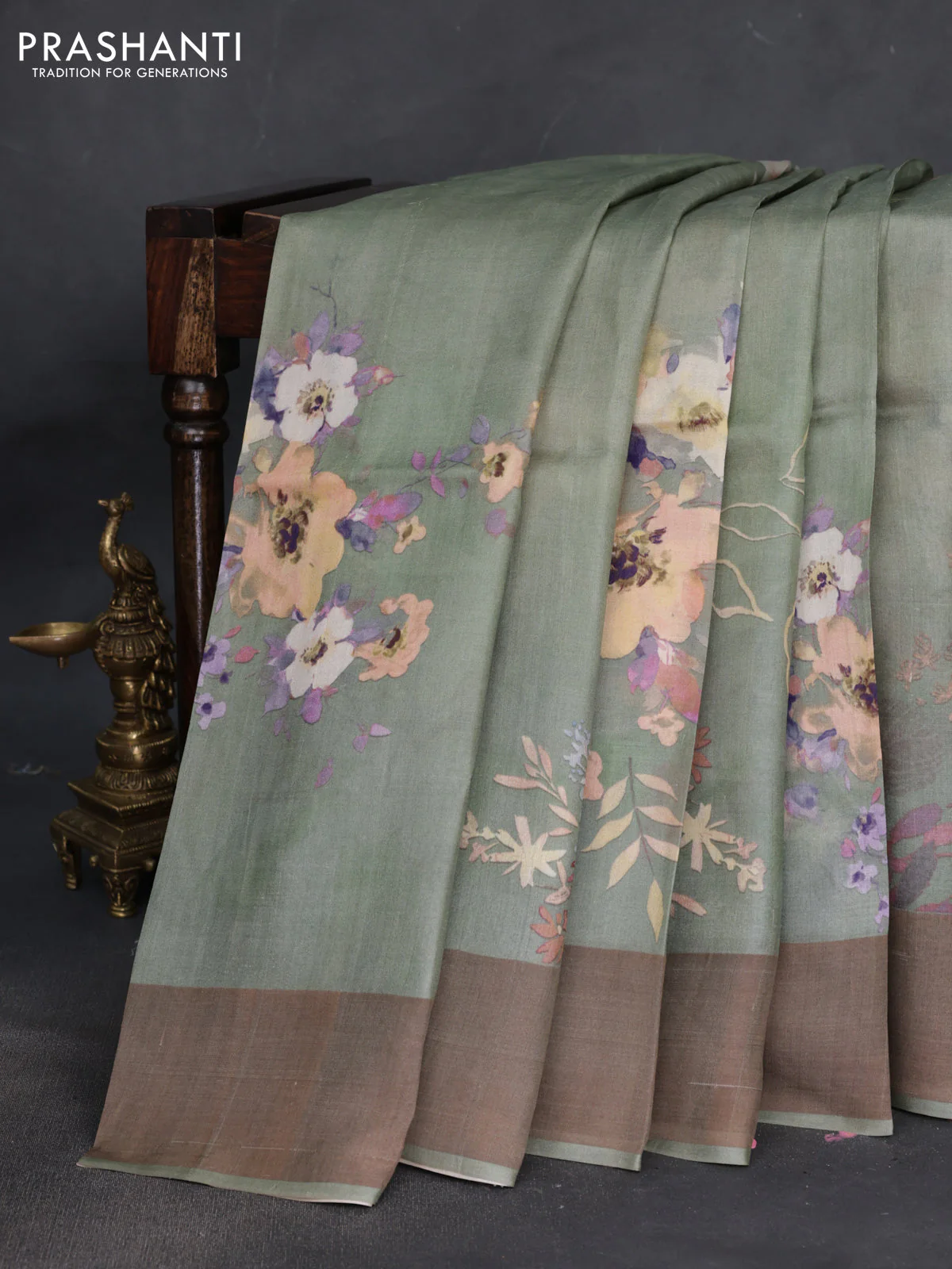 Pure tussar silk saree pastel green with floral digital prints and zari woven border - Image 2