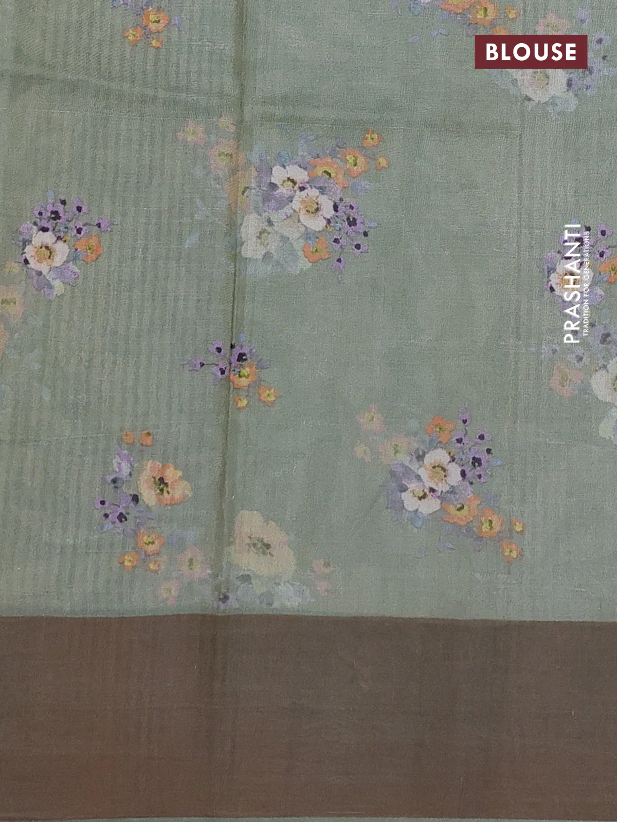 Pure tussar silk saree pastel green with floral digital prints and zari woven border - Image 3