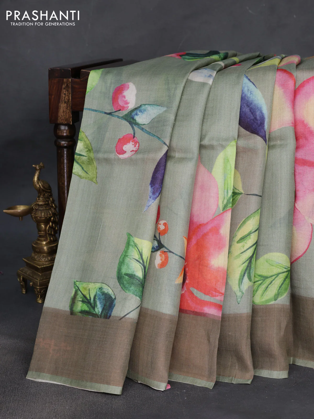 Pure tussar silk saree pastel green with floral digital prints and zari woven border - Image 2