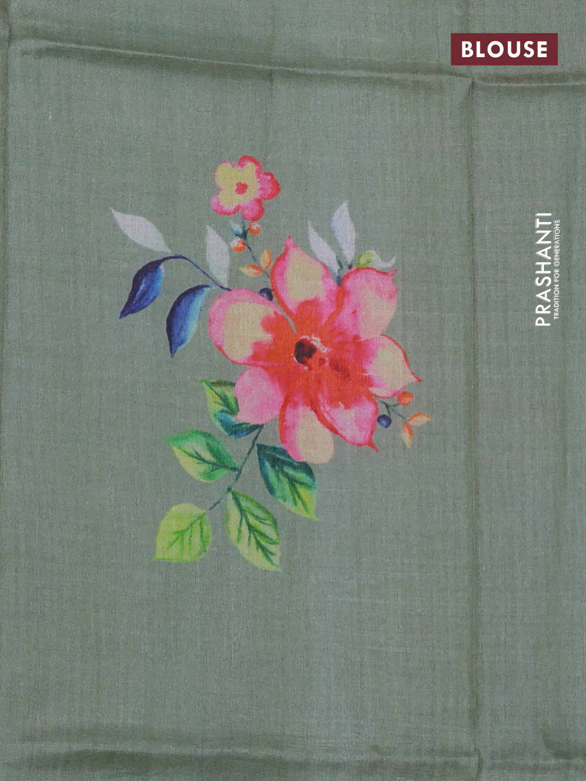 Pure tussar silk saree pastel green with floral digital prints and zari woven border - Image 3