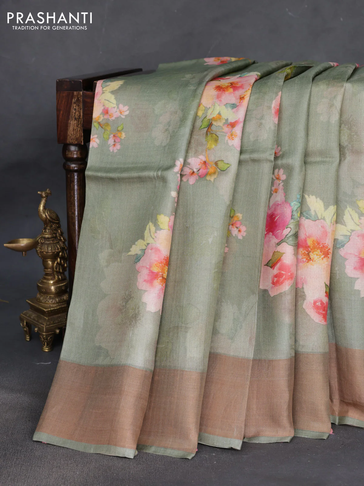 Pure tussar silk saree pastel green with floral digital prints and zari woven border - Image 2