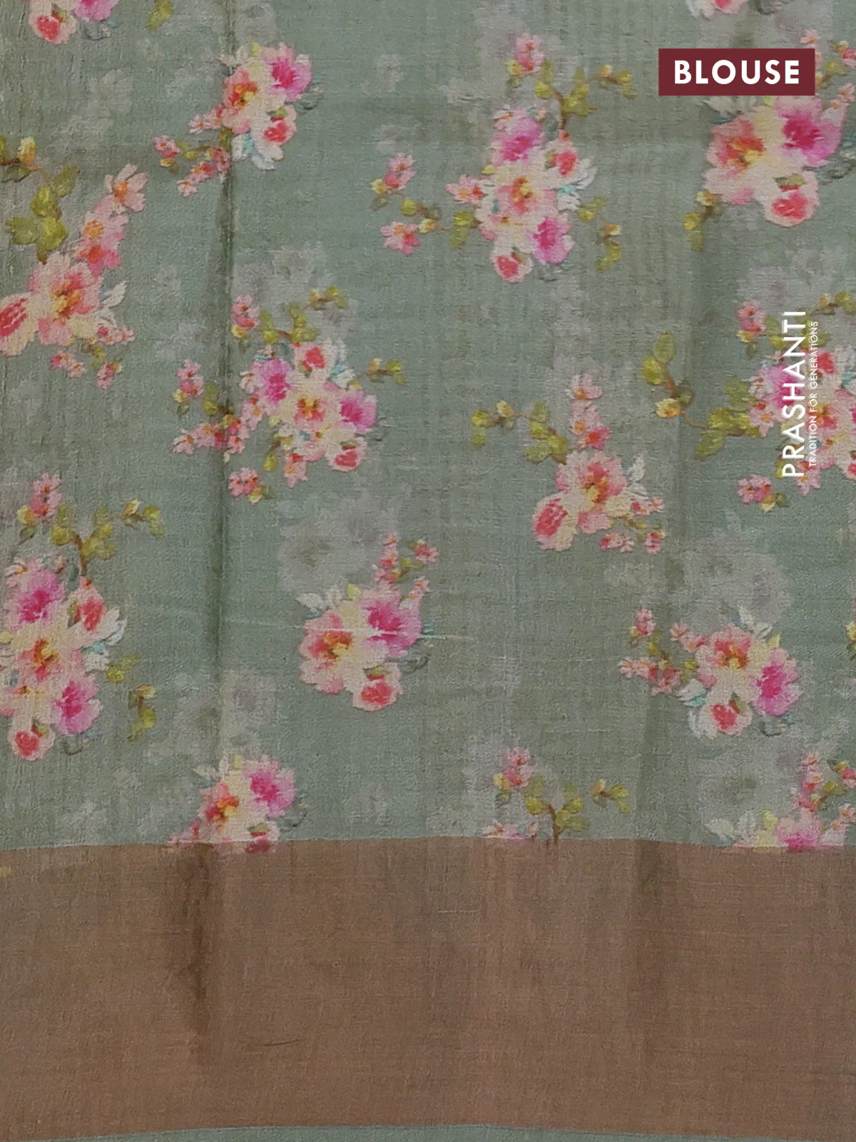 Pure tussar silk saree pastel green with floral digital prints and zari woven border - Image 3