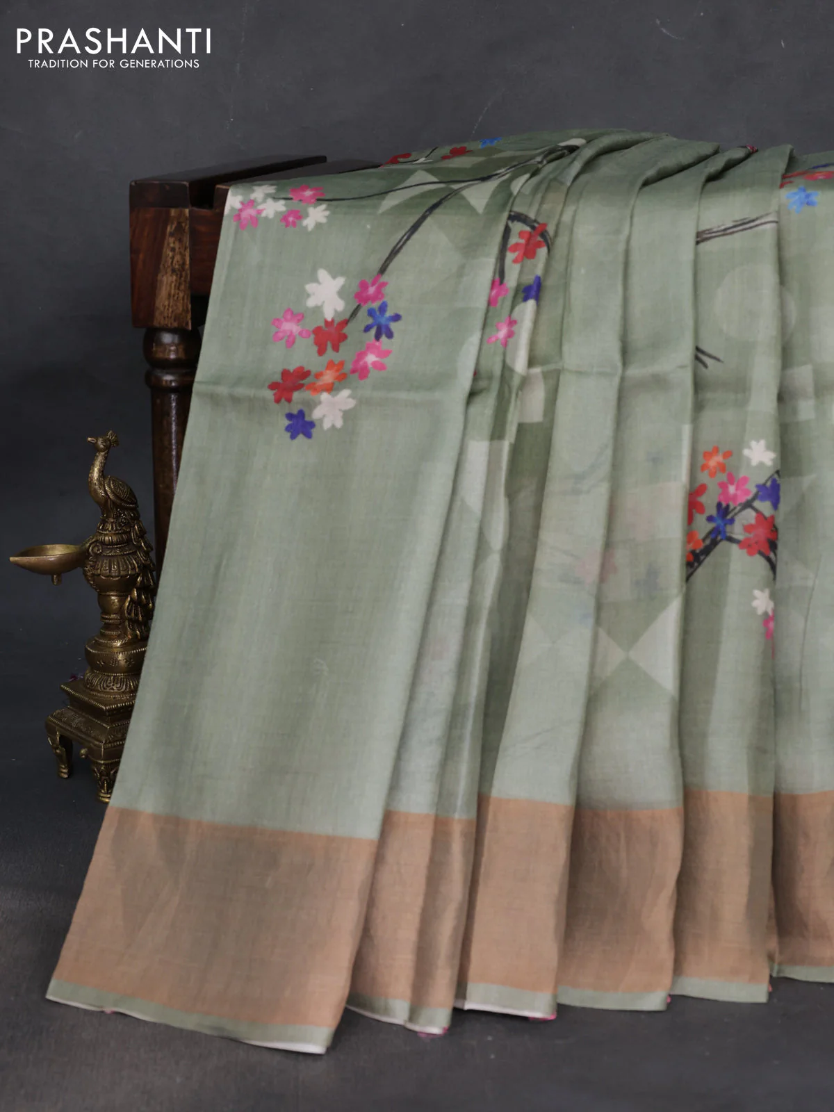Pure tussar silk saree pastel green with floral digital prints and zari woven border - Image 2