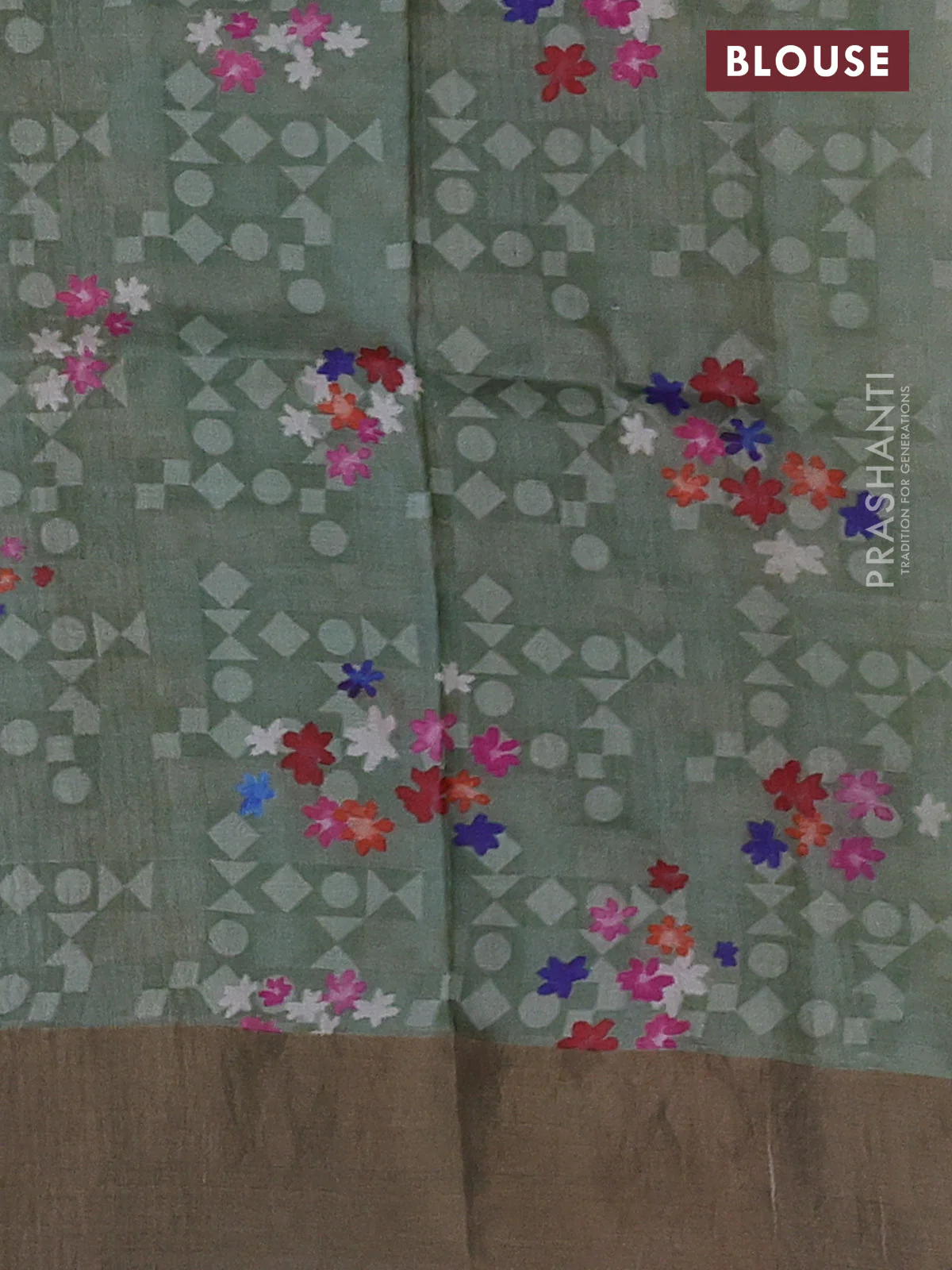 Pure tussar silk saree pastel green with floral digital prints and zari woven border - Image 3