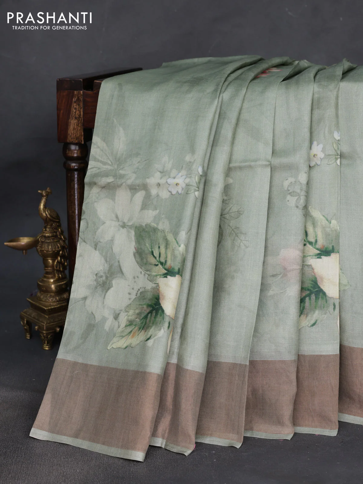 Pure tussar silk saree pastel green with floral digital prints and zari woven border - Image 2