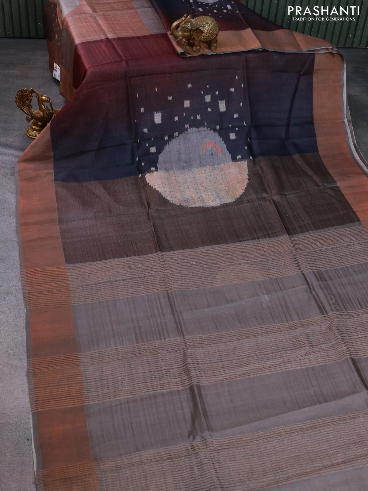 Pure tussar silk saree pastel grey with allover digital prints and zari woven border
