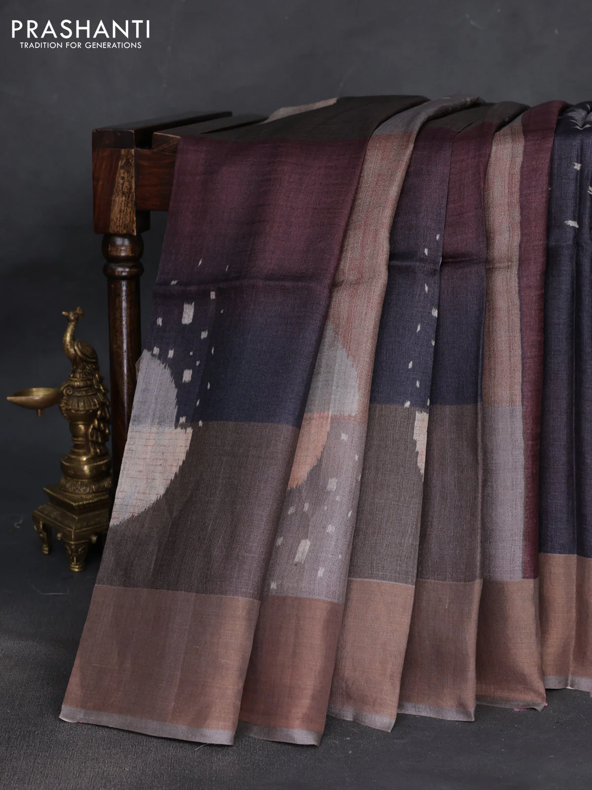 Pure tussar silk saree pastel grey with allover digital prints and zari woven border - Image 2