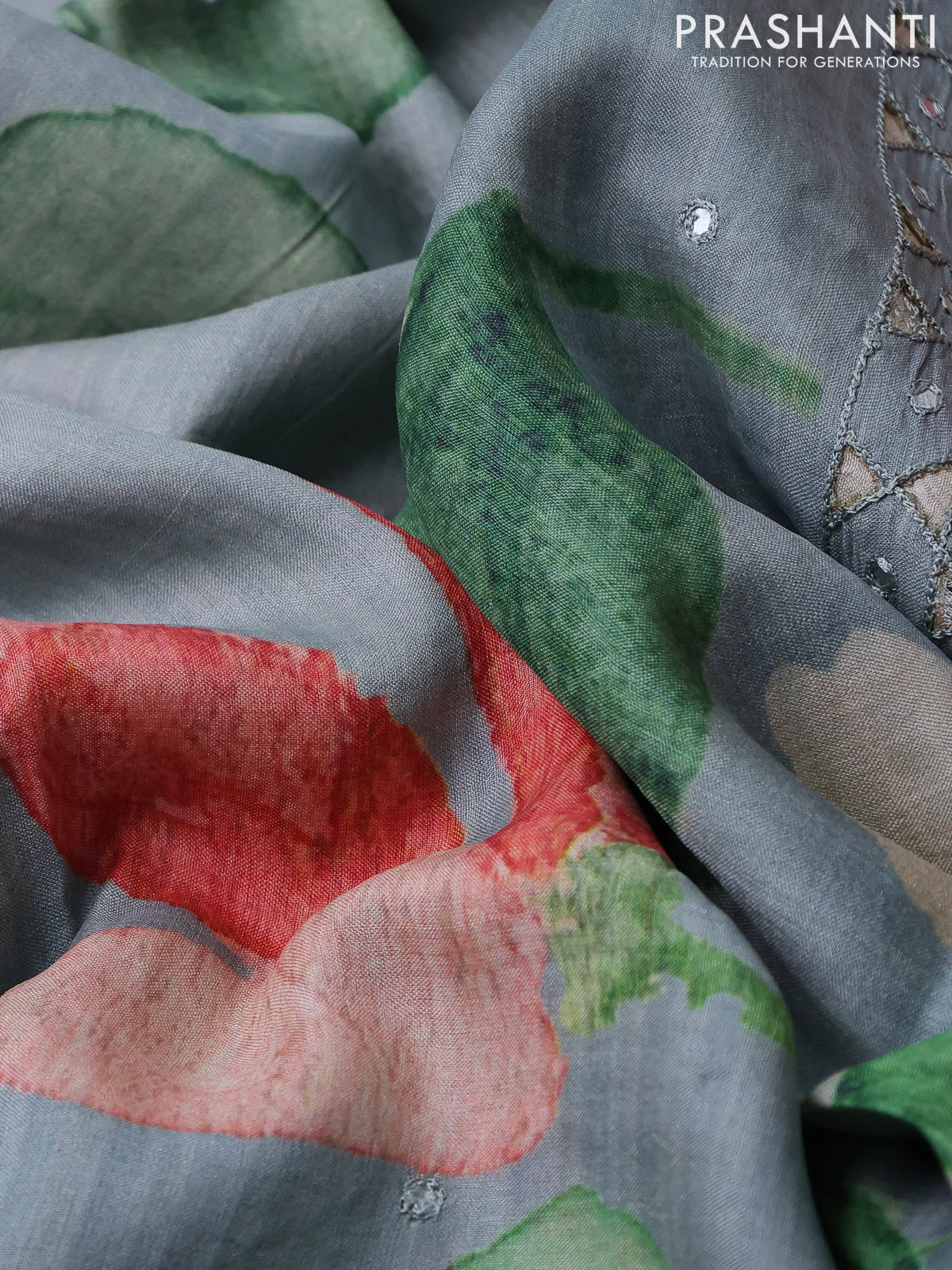 Pure tussar silk saree pastel grey with floral digital prints and cut work border - Image 3