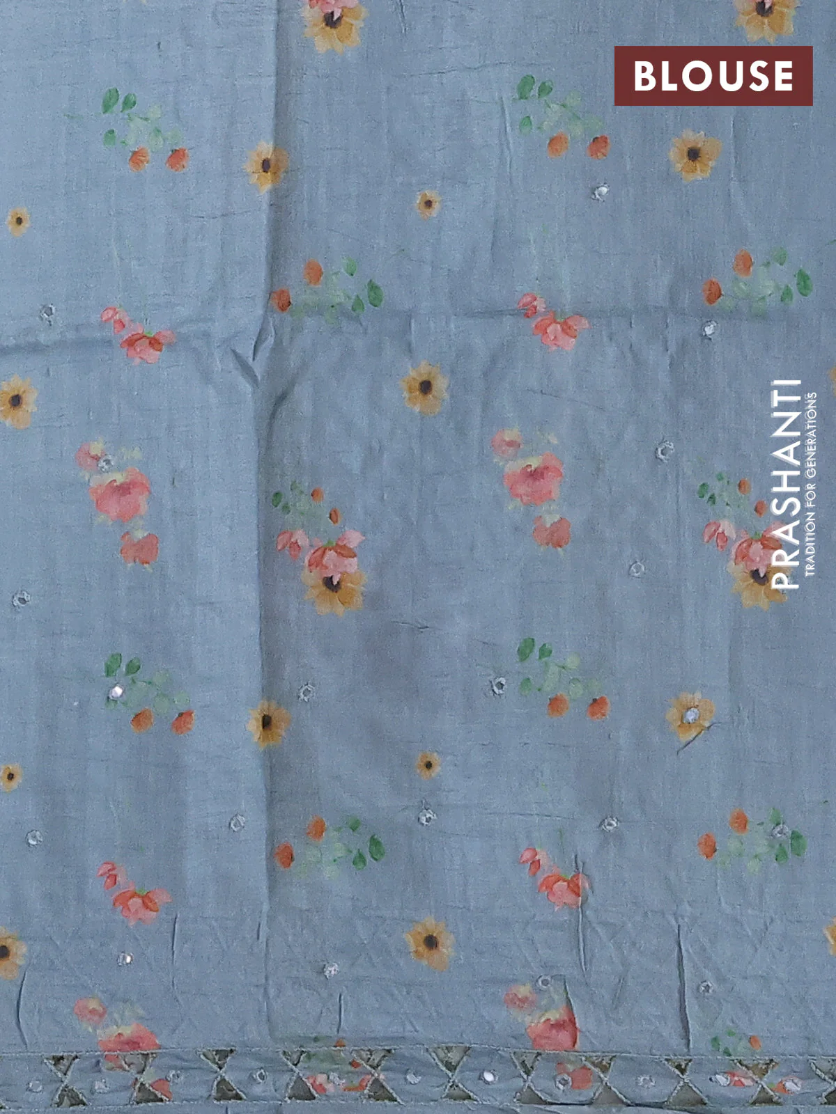 Pure tussar silk saree pastel grey with floral digital prints and cut work border - Image 4