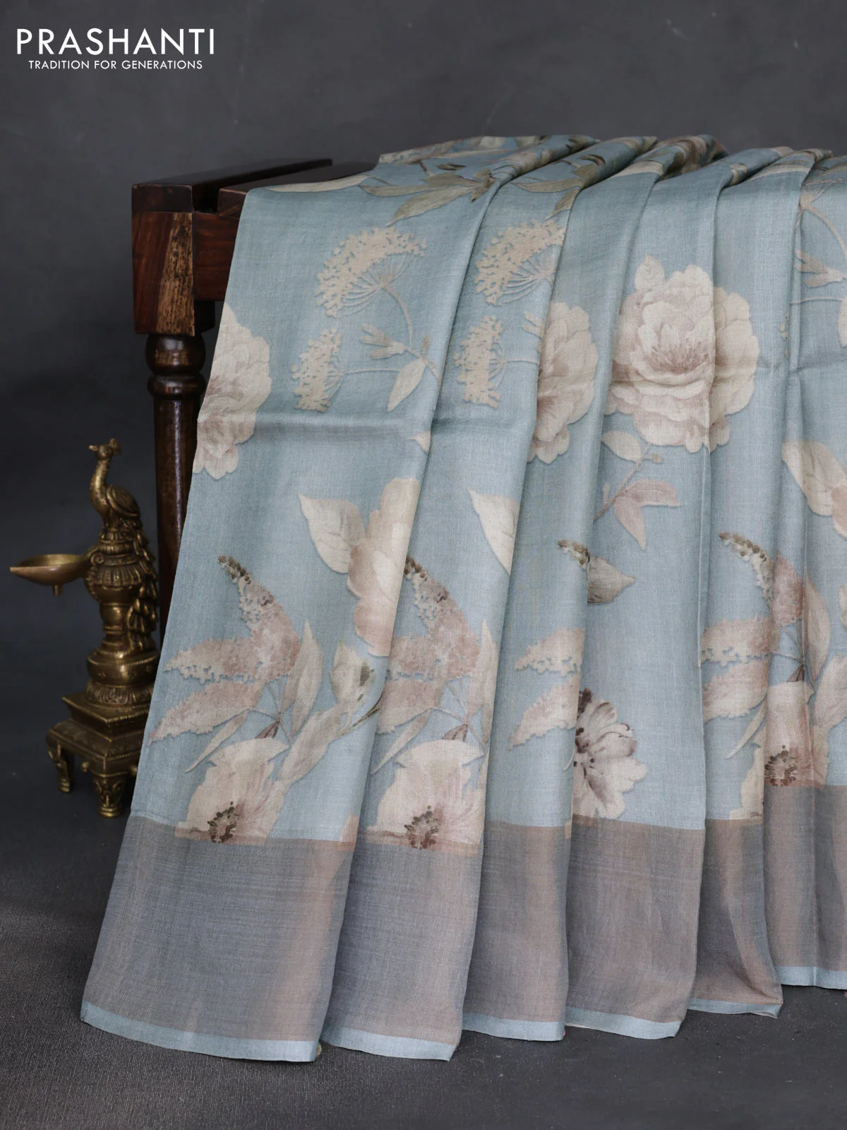 Pure tussar silk saree pastel grey with floral digital prints and zari woven border - Image 2
