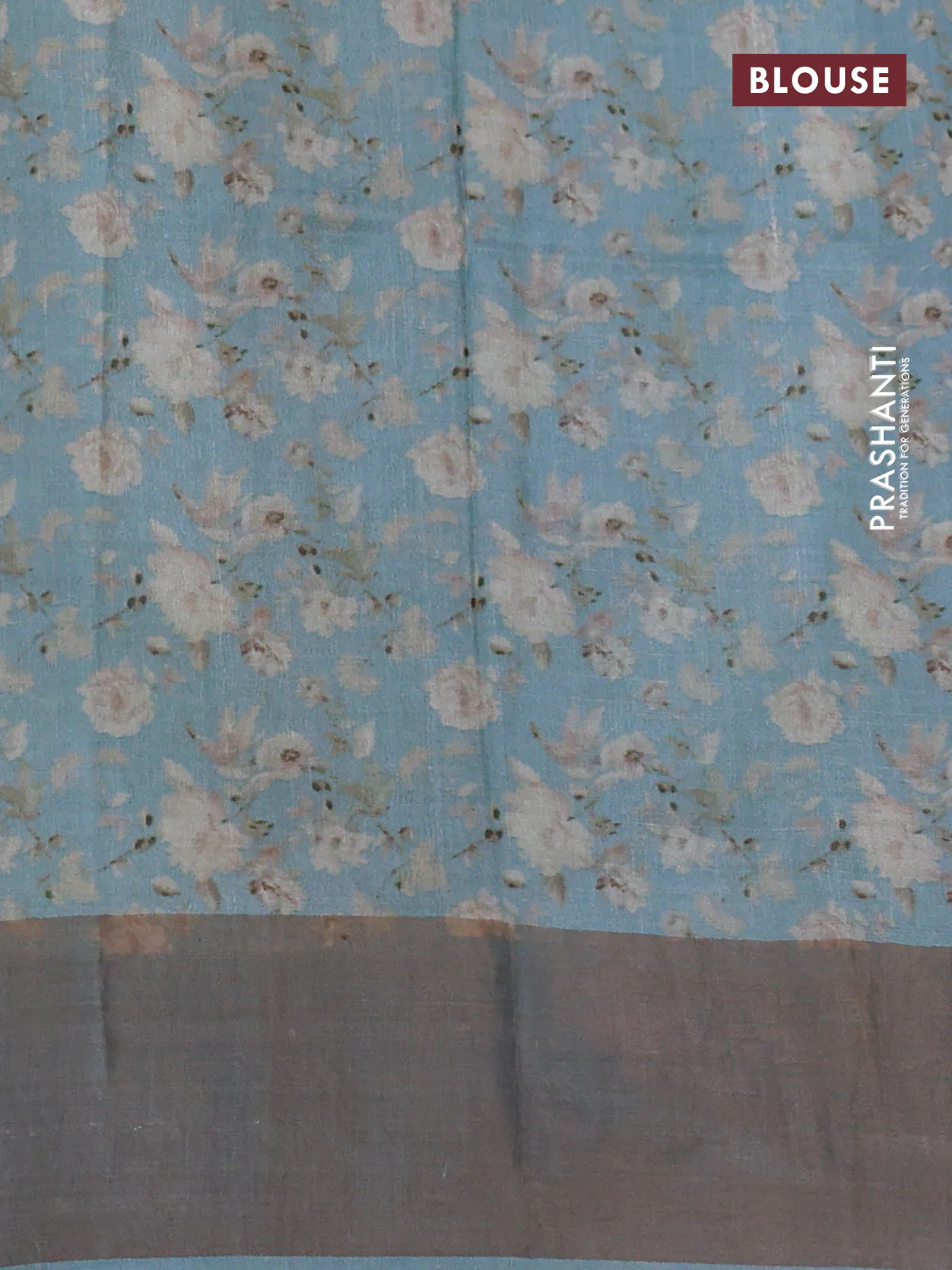 Pure tussar silk saree pastel grey with floral digital prints and zari woven border - Image 3