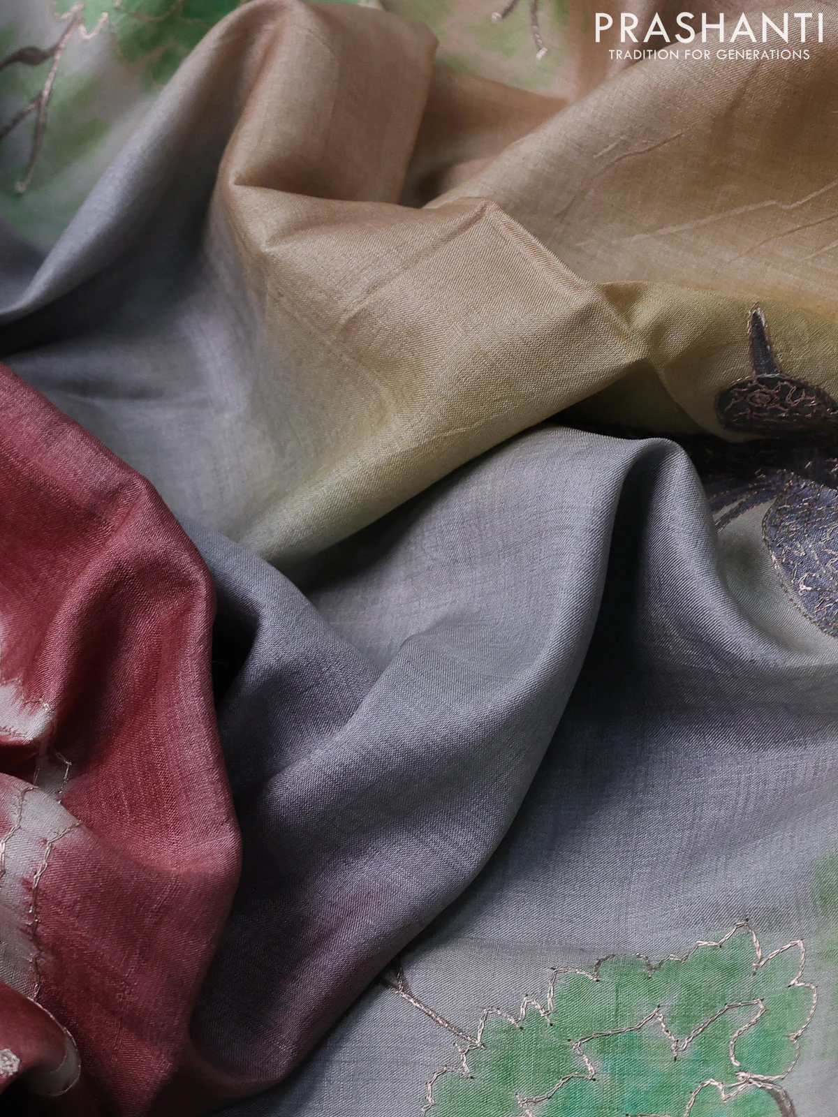 Pure tussar silk saree pastel maroon and grey shade with tie & dye prints & pita work and embroidery pallu - Image 3