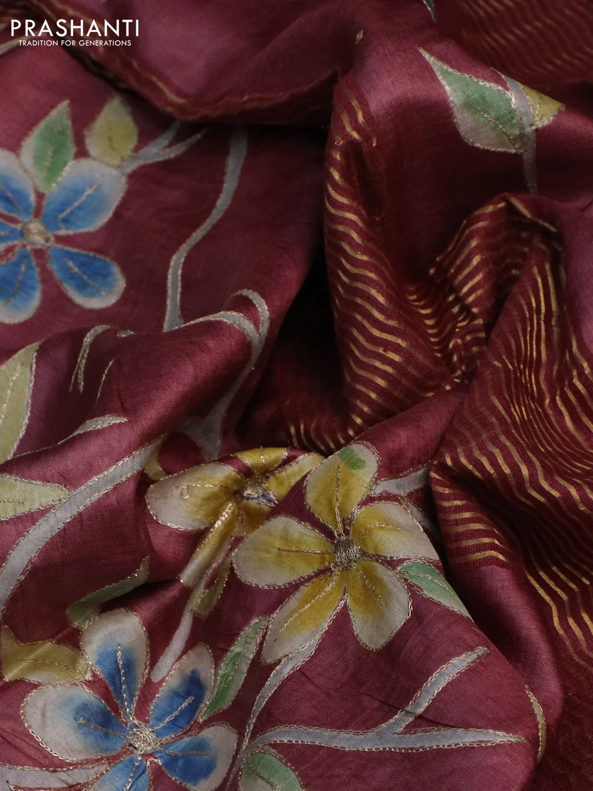 Pure tussar silk saree pastel maroon and maroon with floral prints & pita work and zari woven border - Image 3
