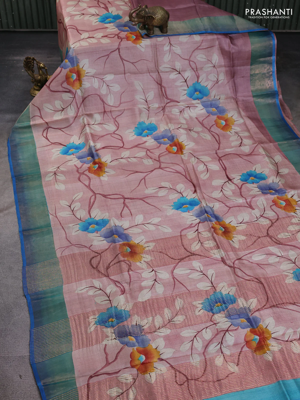 Pure tussar silk saree pastel pink and cs blue with allover hand painted prints and zari woven border - Image 2