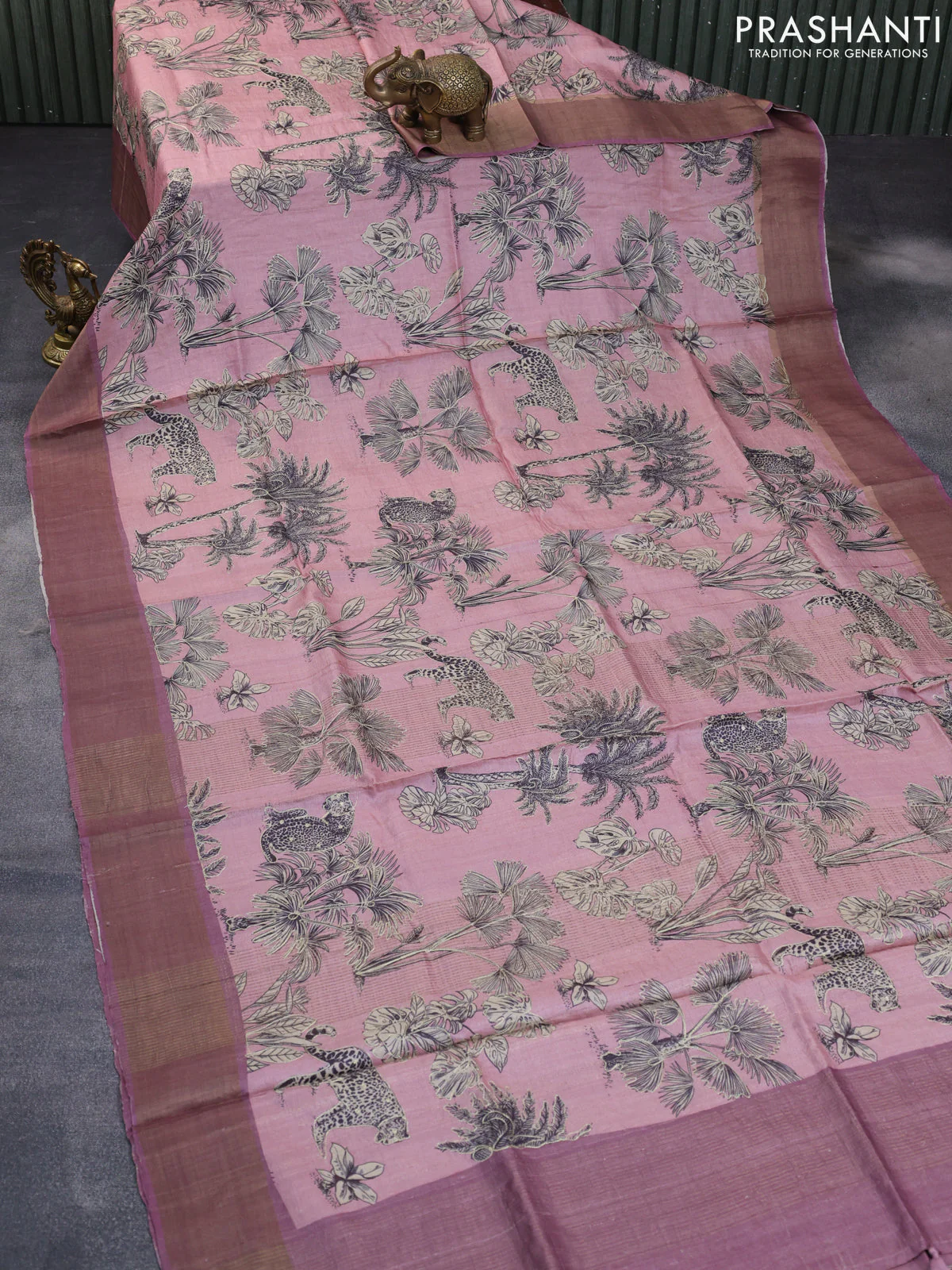 Pure tussar silk saree pastel pink and mild purple with allover floral design pita work and zari woven border - Image 2