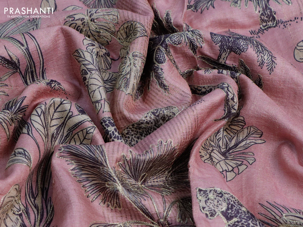 Pure tussar silk saree pastel pink and mild purple with allover floral design pita work and zari woven border - Image 3