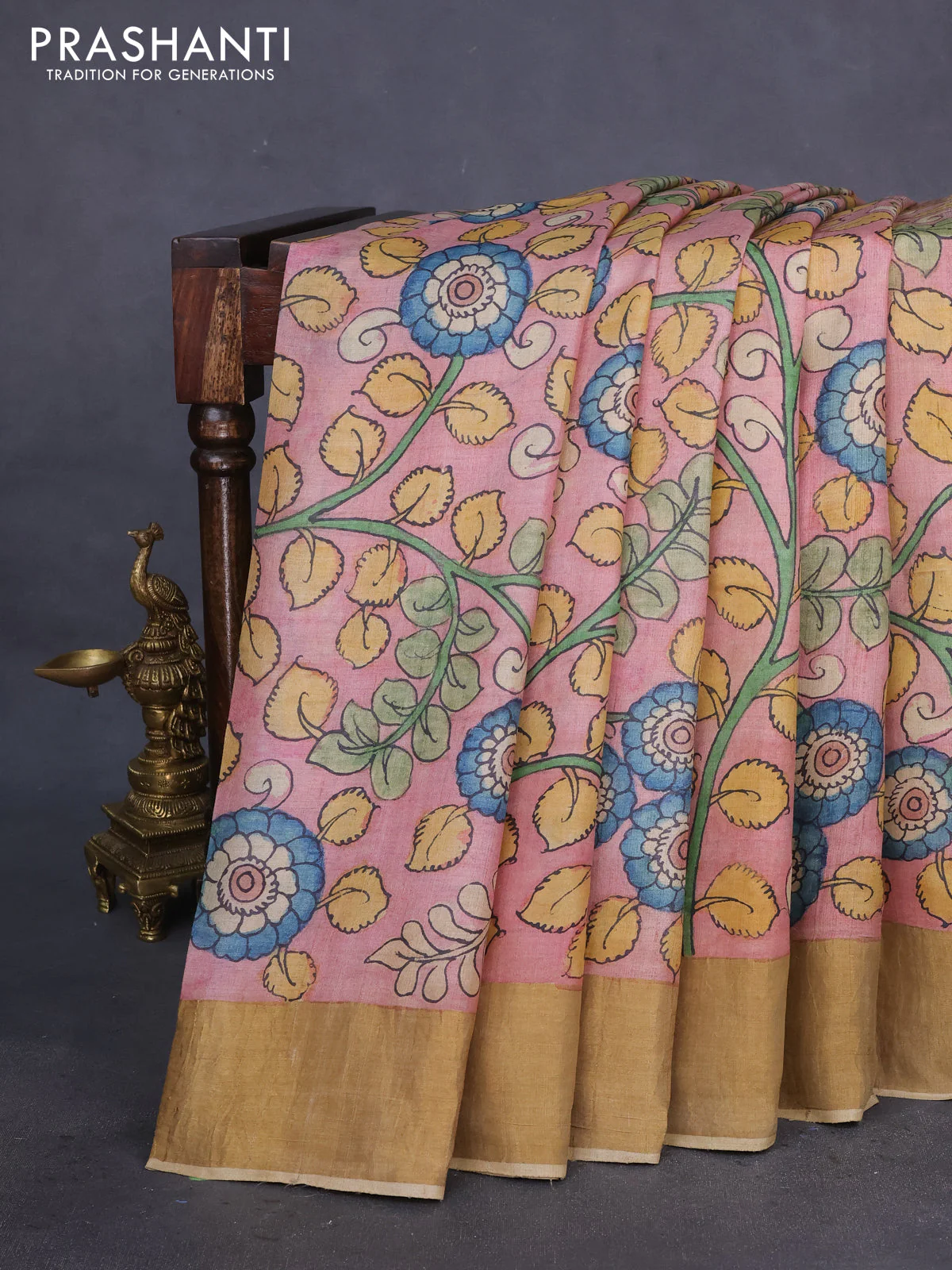 Pure tussar silk saree pastel pink and sandal with allover penkalamkari prints and zari woven border - Image 2
