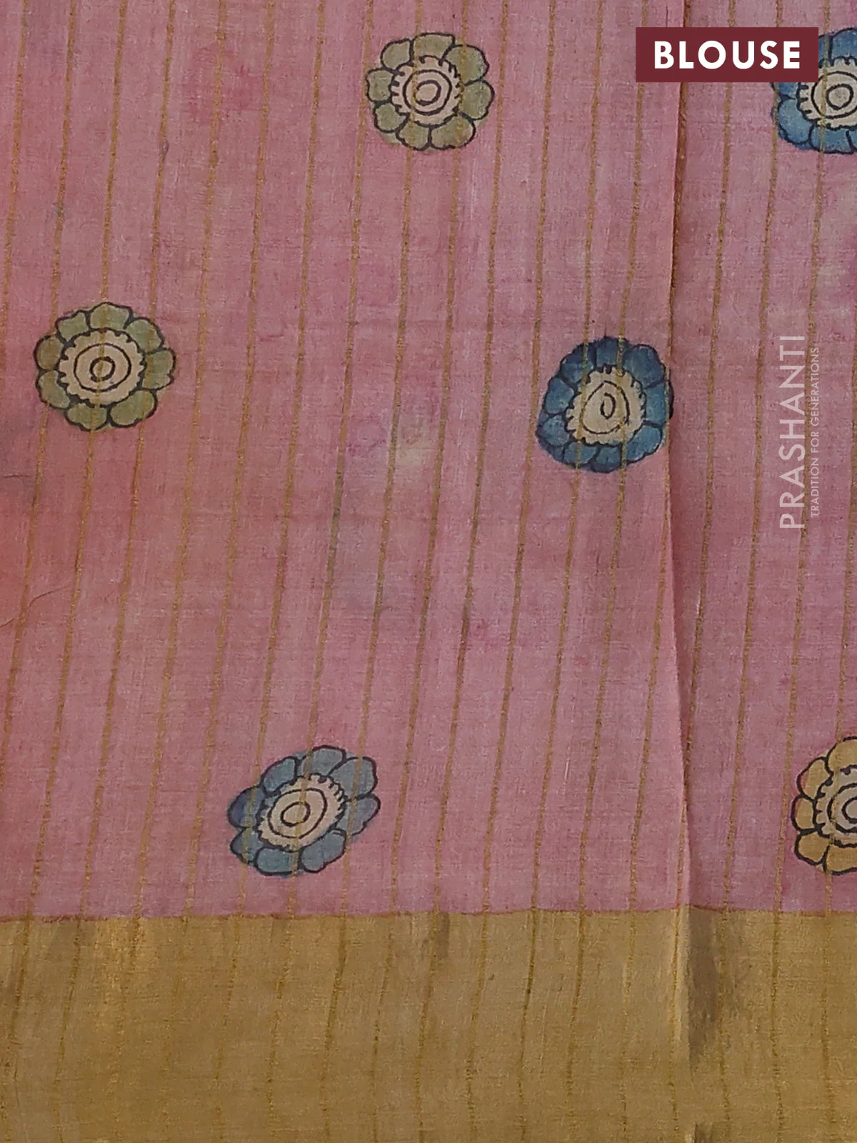 Pure tussar silk saree pastel pink and sandal with allover penkalamkari prints and zari woven border - Image 3