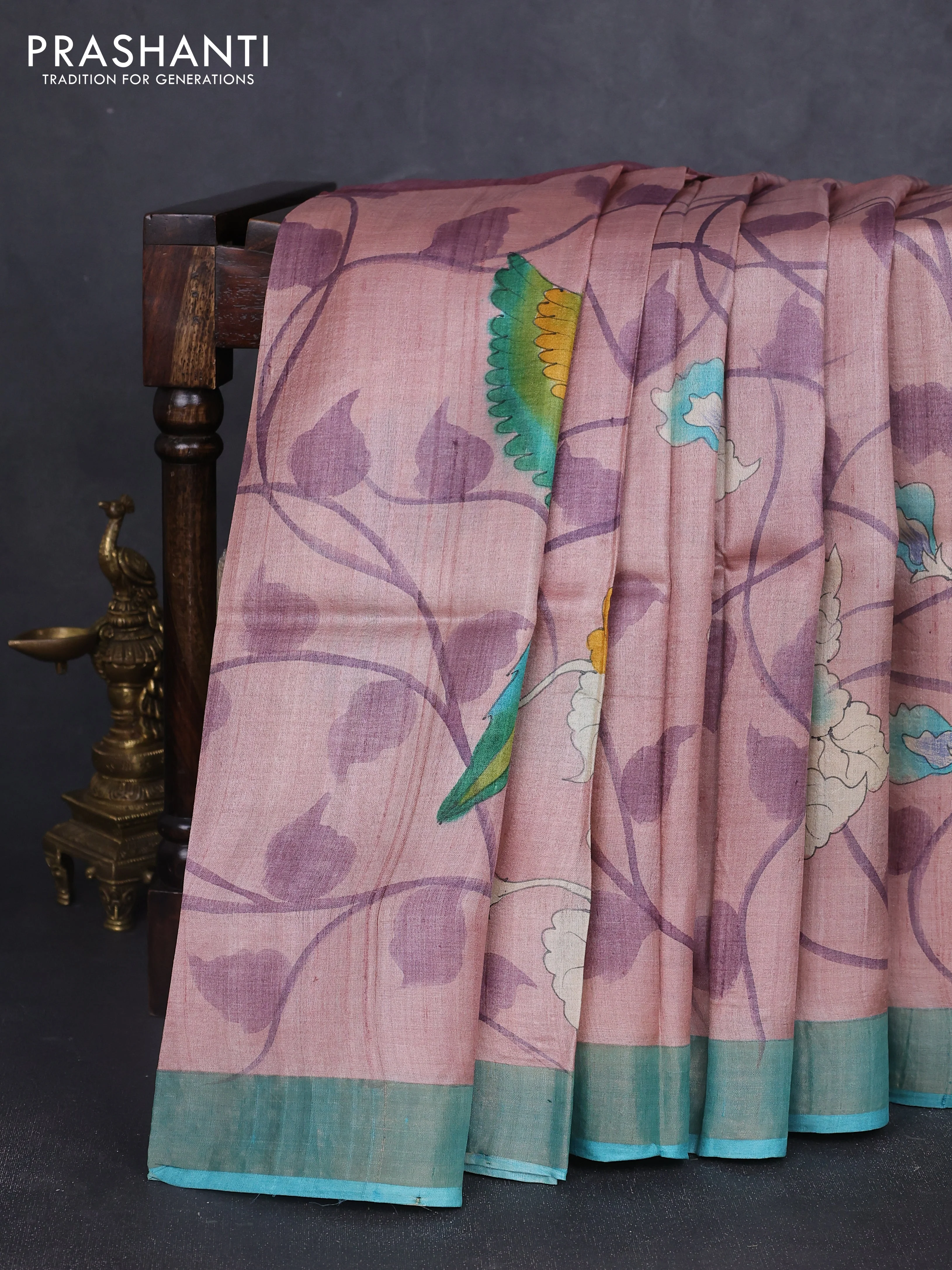 Pure tussar silk saree pastel pink and teal green with allover hand painted prints and zari woven border