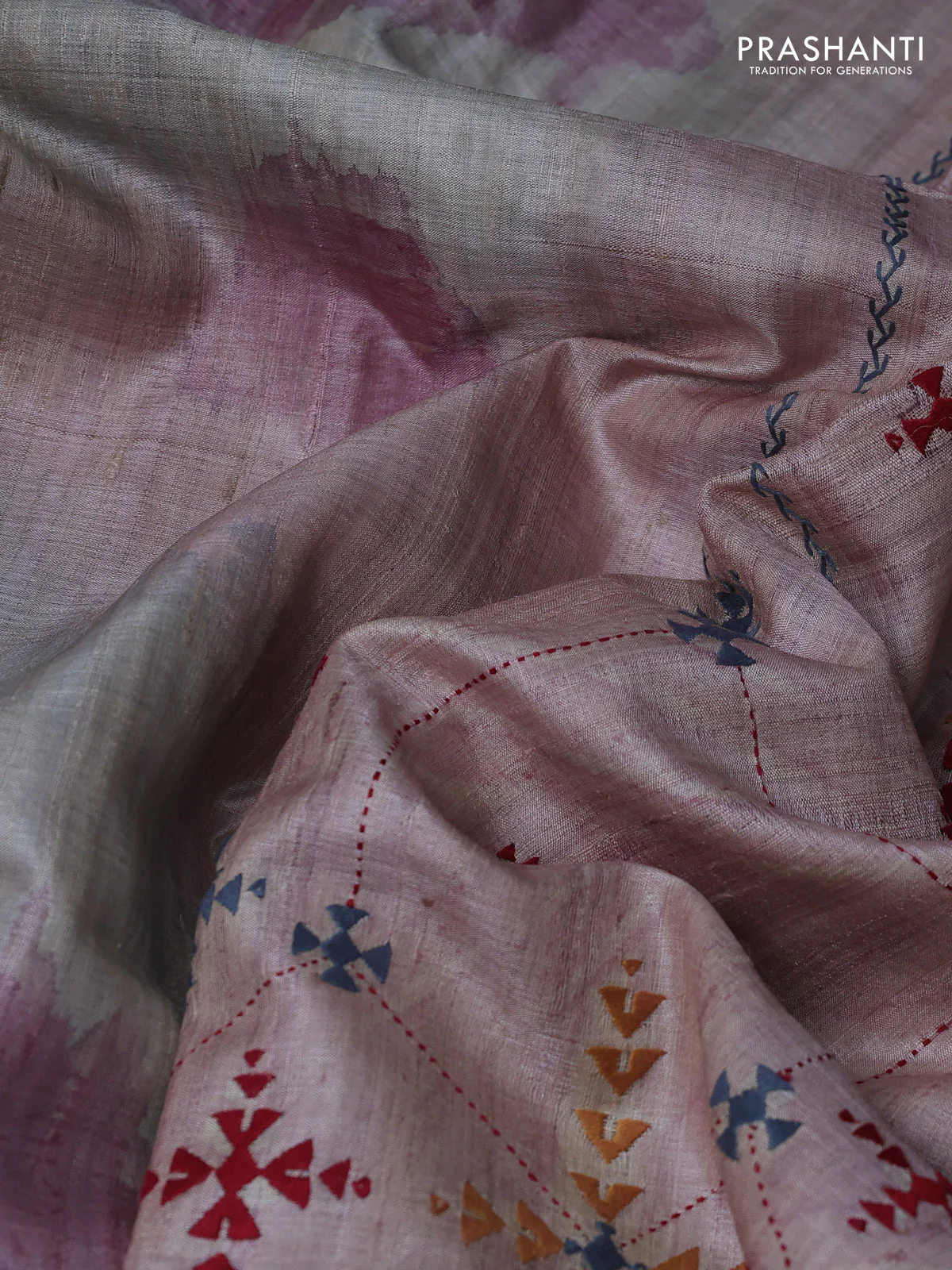 Pure tussar silk saree pastel pink shade and grey with allover geometric prints and embroidery work pallu - Image 3