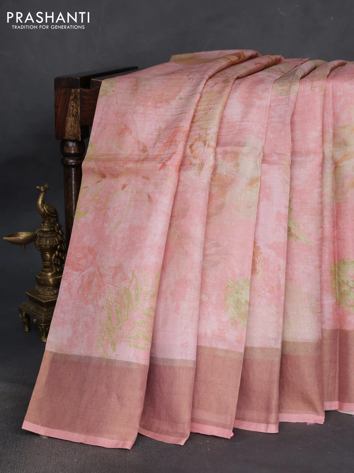 Pure tussar silk saree pastel pink with allover digital prints and zari woven border - Image 2