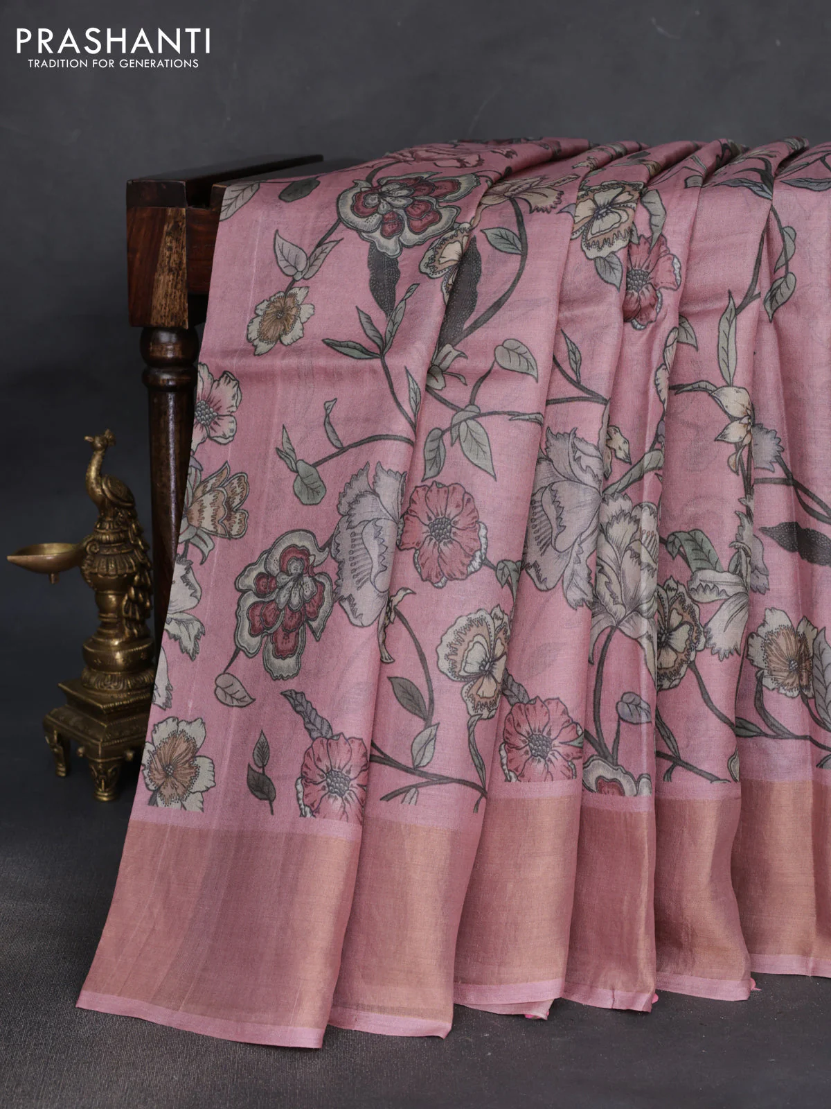 Pure tussar silk saree pastel pink with allover floral digital prints and zari woven border - Image 2