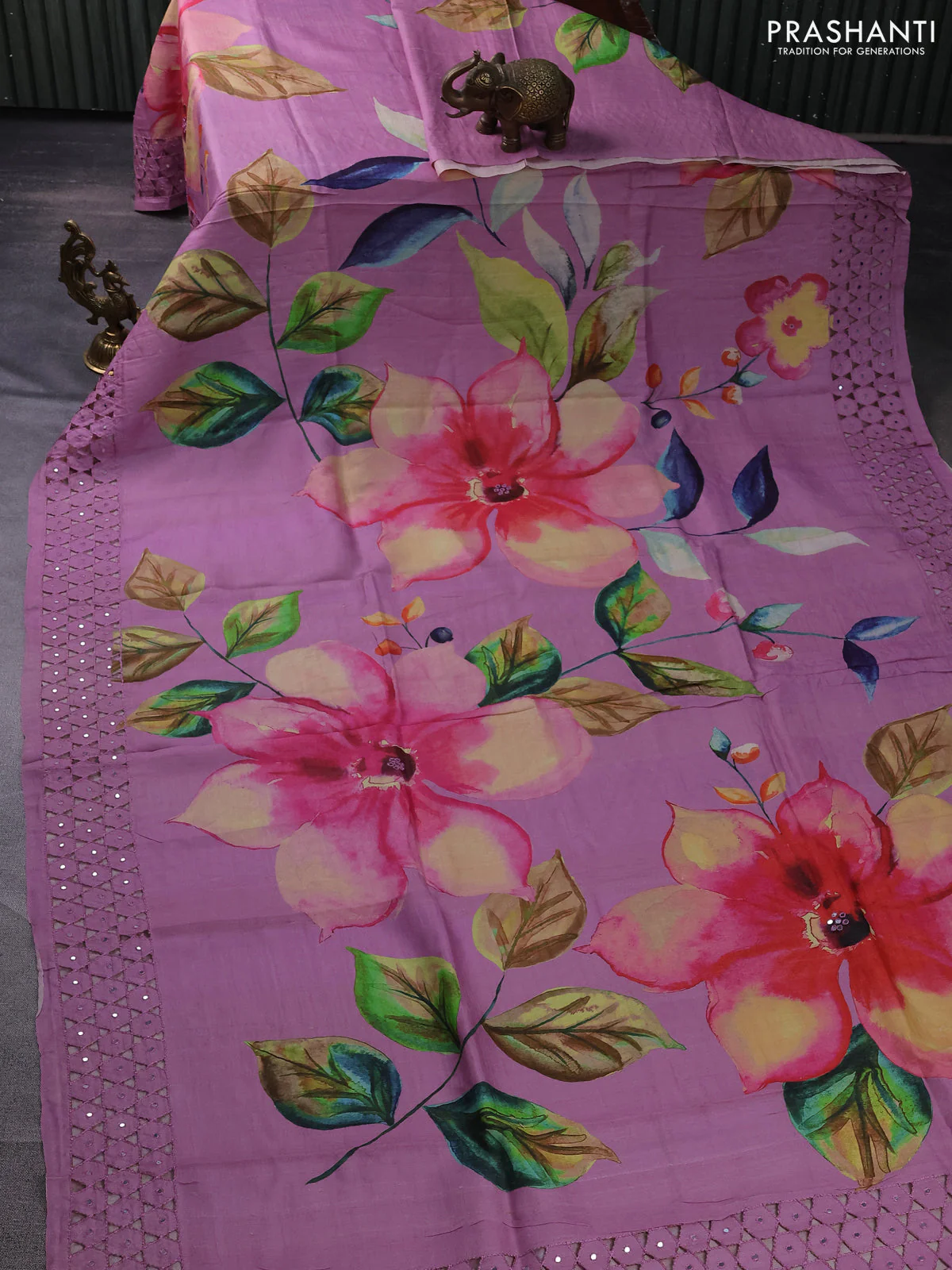 Pure tussar silk saree pastel pink with floral digital prints and cut work border - Image 2