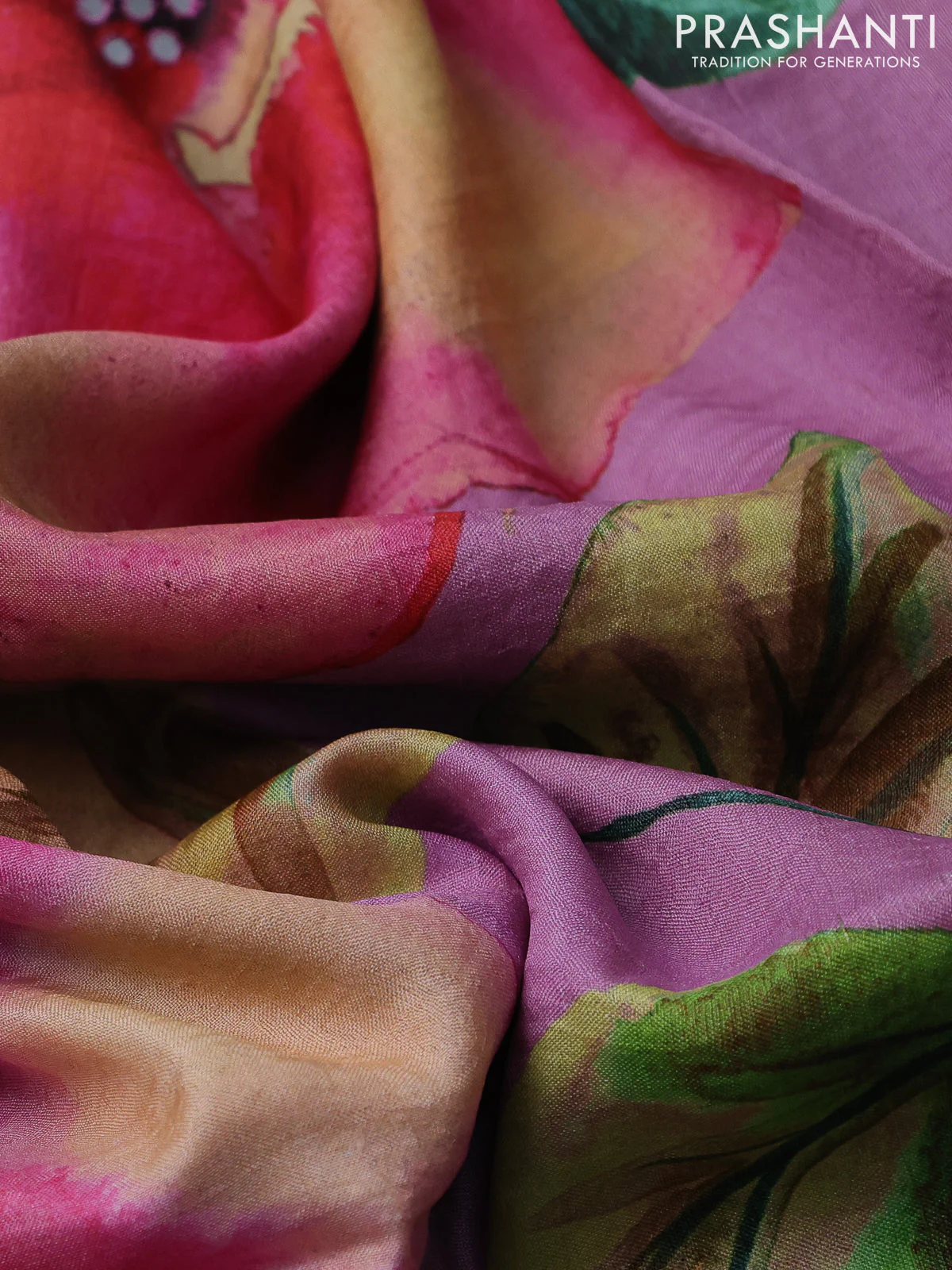 Pure tussar silk saree pastel pink with floral digital prints and cut work border - Image 3