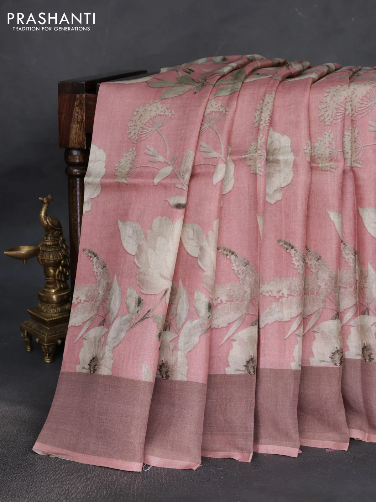 Pure tussar silk saree pastel pink with floral digital prints and zari woven border - Image 2